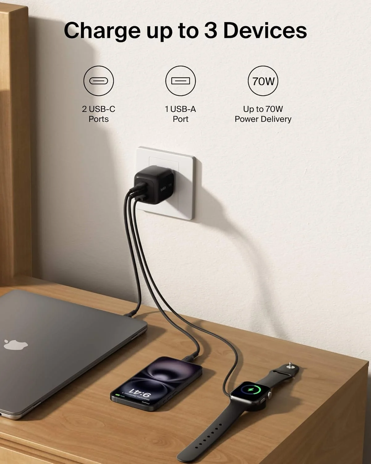 شارژر دیواری 3 پورت USB-C بلکین 70 وات، شارژر دیواری GaN چند پورت با 2 پورت USB-C و 1 پورت USB-A، شارژ سریع برای مک بوک، آیپد پرو، سامسونگ گلکسی S25، گوگل پیکسل 10 و غیره شارژر دیواری 3 پورت USB-C بلکین 70 وات، شارژر دیواری GaN چند پورت با 2 پورت USB-C و 1 پورت USB-A، شارژ سریع برای مک بوک، آیپد پرو، سامسونگ گلکسی S25، گوگل پیکسل 10 و غیره