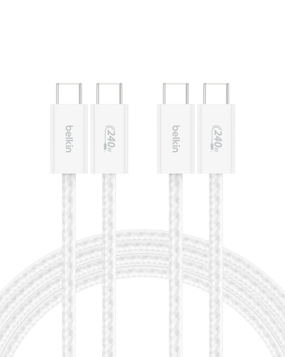 بسته 2 عددی کابل USB C به USB C بلکین، 2 متری، 240 وات - شارژر Type C، کابل شارژر آیفون، نرم، بافته شده، انعطاف پذیر برای آیپد پرو، سوییچ - سفید