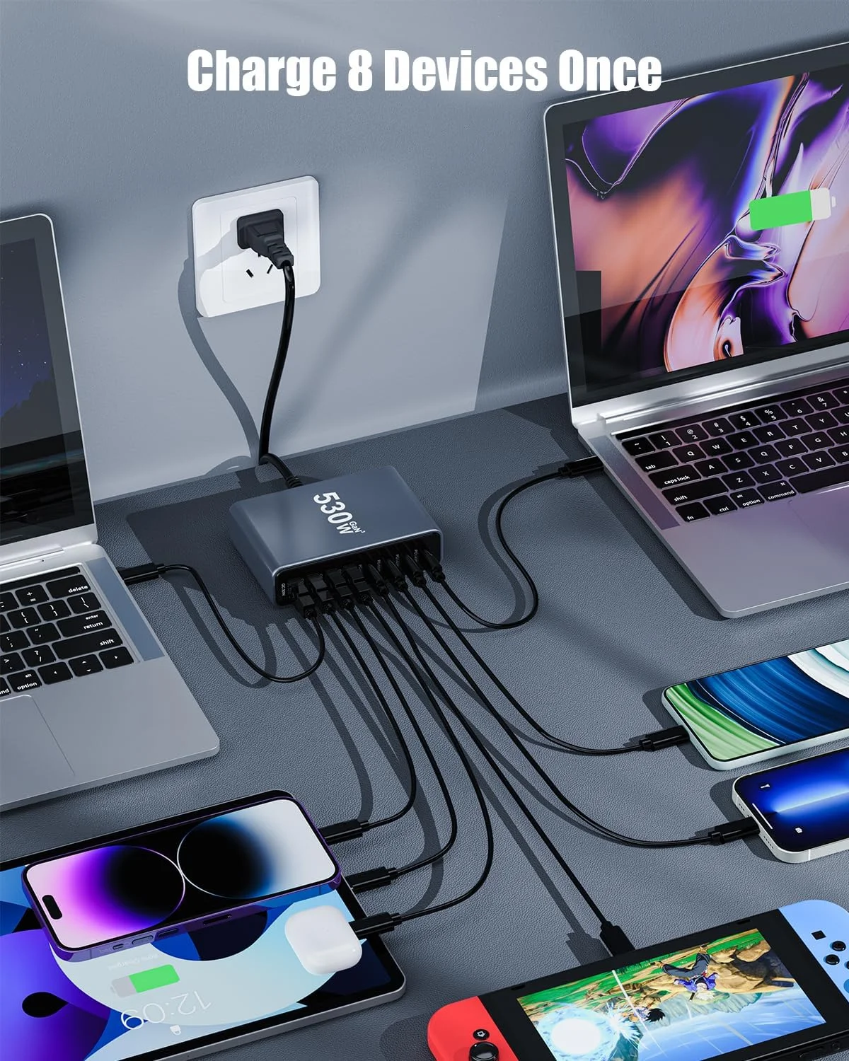 آداپتور شارژر USB C با توان 530 وات، استیشن شارژ 8 پورت USB C با فناوری GaN IV، شارژر سریع 100 واتی لپ تاپ برای مک بوک پرو/ایر، دِل، آیپد، آیفون، سامسونگ گلکسی آداپتور شارژر USB C با توان 530 وات، استیشن شارژ 8 پورت USB C با فناوری GaN IV، شارژر سریع 100 واتی لپ تاپ برای مک بوک پرو/ایر، دِل، آیپد، آیفون، سامسونگ گلکسی