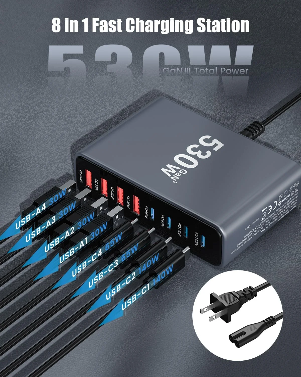 آداپتور شارژر USB C با توان 530 وات، استیشن شارژ 8 پورت USB C با فناوری GaN IV، شارژر سریع 100 واتی لپ تاپ برای مک بوک پرو/ایر، دِل، آیپد، آیفون، سامسونگ گلکسی آداپتور شارژر USB C با توان 530 وات، استیشن شارژ 8 پورت USB C با فناوری GaN IV، شارژر سریع 100 واتی لپ تاپ برای مک بوک پرو/ایر، دِل، آیپد، آیفون، سامسونگ گلکسی