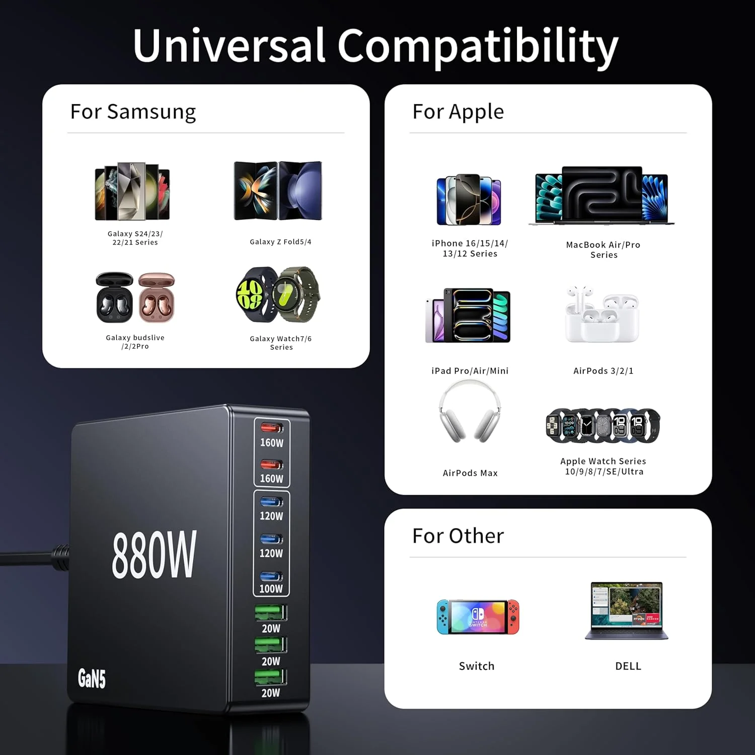 آداپتور شارژر USB C با توان 880 وات، ایستگاه شارژ 8 پورت شارژ سریع 140W PD PPS AVS HUB سازگار با لپ تاپ، مک بوک، آیفون 17 پرو مکس/17 ایر/16 SE/سامسونگ گلکسی 25/ مک بوک پرو/ایر/آیپد پرو آداپتور شارژر USB C با توان 880 وات، ایستگاه شارژ 8 پورت شارژ سریع 140W PD PPS AVS HUB سازگار با لپ تاپ، مک بوک، آیفون 17 پرو مکس/17 ایر/16 SE/سامسونگ گلکسی 25/ مک بوک پرو/ایر/آیپد پرو