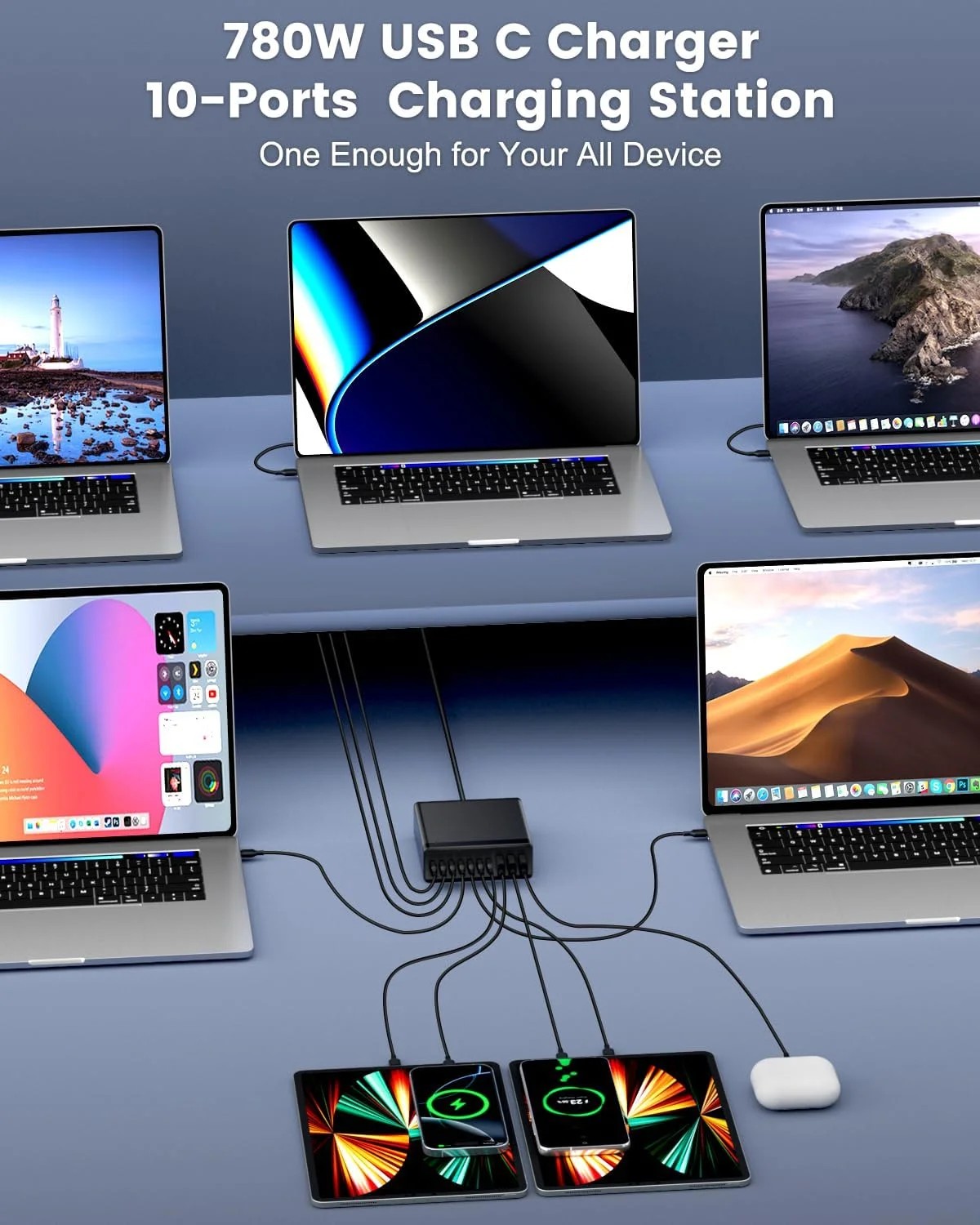 آداپتور شارژر USB C، ایستگاه شارژ 10 پورت 780 واتی USB، آداپتور شارژر USB با شارژ سریع 120 واتی Gan سازگار با MacBook Air/Pro، iPhone، iPad، Dell XPS، Samsung Galaxy Note آداپتور شارژر USB C، ایستگاه شارژ 10 پورت 780 واتی USB، آداپتور شارژر USB با شارژ سریع 120 واتی Gan سازگار با MacBook Air/Pro، iPhone، iPad، Dell XPS، Samsung Galaxy Note