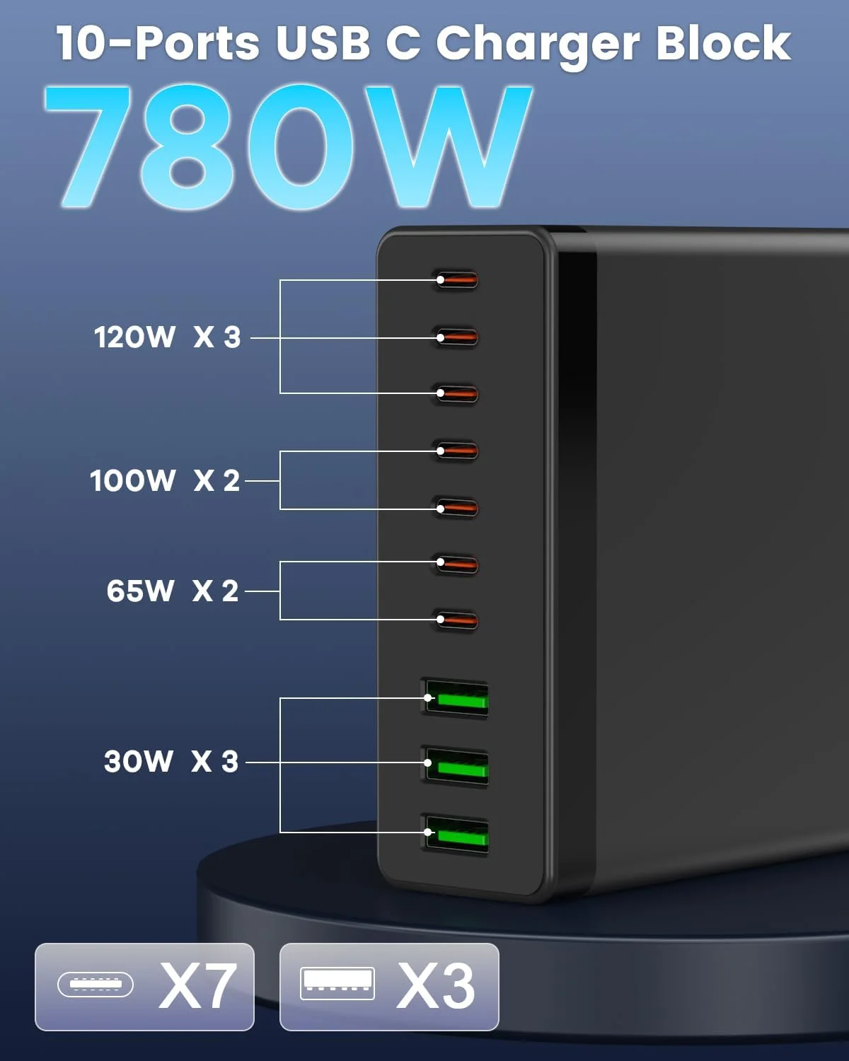 آداپتور شارژر USB C، ایستگاه شارژ 10 پورت 780 واتی USB، آداپتور شارژر USB با شارژ سریع 120 واتی Gan سازگار با MacBook Air/Pro، iPhone، iPad، Dell XPS، Samsung Galaxy Note آداپتور شارژر USB C، ایستگاه شارژ 10 پورت 780 واتی USB، آداپتور شارژر USB با شارژ سریع 120 واتی Gan سازگار با MacBook Air/Pro، iPhone، iPad، Dell XPS، Samsung Galaxy Note