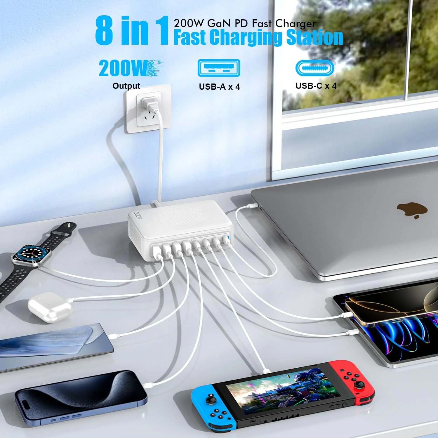 آداپتور شارژ USB C، ایستگاه شارژ 200 واتی GaN با 8 پورت USB C، هاب USB، آداپتور برق دیواری Type C و USB A برای دستگاه های متعدد Apple iPhone 16/15/14, Steam Deck, MacBook Pro/Air, iPad Pro آداپتور شارژ USB C، ایستگاه شارژ 200 واتی GaN با 8 پورت USB C، هاب USB، آداپتور برق دیواری Type C و USB A برای دستگاه های متعدد Apple iPhone 16/15/14, Steam Deck, MacBook Pro/Air, iPad Pro