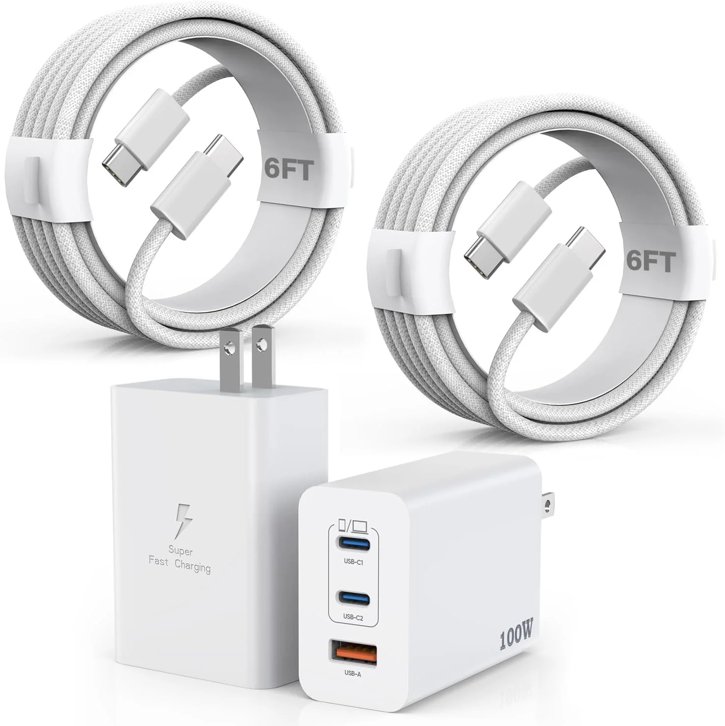 شارژر 100 واتی USB C، 2 عدد کابل بافته شده 140 واتی USB C به C به طول 1.8 متر، آداپتور شارژ سریع 3 پورت PD و AC برای MacBook Pro/iPhone 16/15/iPad Pro شارژر 100 واتی USB C، 2 عدد کابل بافته شده 140 واتی USB C به C به طول 1.8 متر، آداپتور شارژ سریع 3 پورت PD و AC برای MacBook Pro/iPhone 16/15/iPad Pro