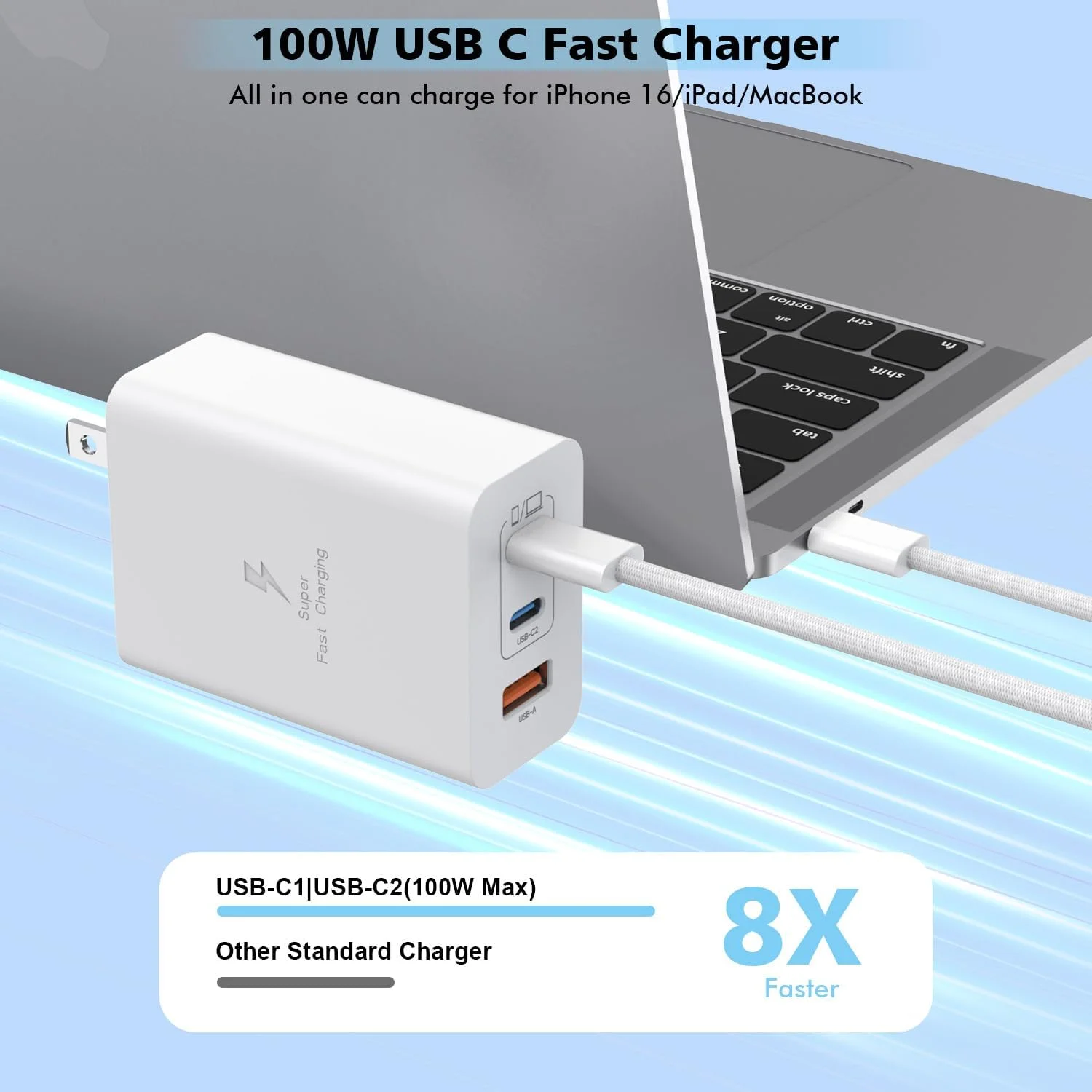شارژر 100 واتی USB C، 2 عدد کابل بافته شده 140 واتی USB C به C به طول 1.8 متر، آداپتور شارژ سریع 3 پورت PD و AC برای MacBook Pro/iPhone 16/15/iPad Pro شارژر 100 واتی USB C، 2 عدد کابل بافته شده 140 واتی USB C به C به طول 1.8 متر، آداپتور شارژ سریع 3 پورت PD و AC برای MacBook Pro/iPhone 16/15/iPad Pro