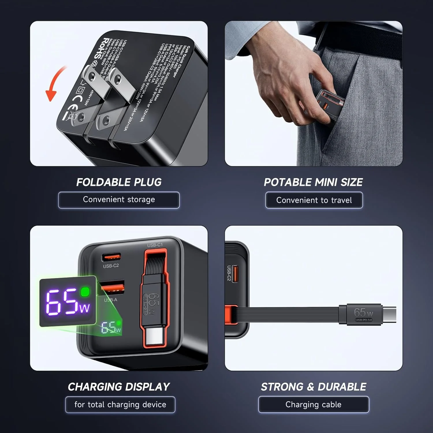 شارژر جمعشونده 65 واتی، آداپتور دیواری USB C با کابل داخلی Type C و درگاه دوگانه، شارژر سریع PD PPS GaN برای MacBook، Lenovo IdeaPad، iPhone 17 Pro Max، Galaxy S25 شارژر جمعشونده 65 واتی، آداپتور دیواری USB C با کابل داخلی Type C و درگاه دوگانه، شارژر سریع PD PPS GaN برای MacBook، Lenovo IdeaPad، iPhone 17 Pro Max، Galaxy S25