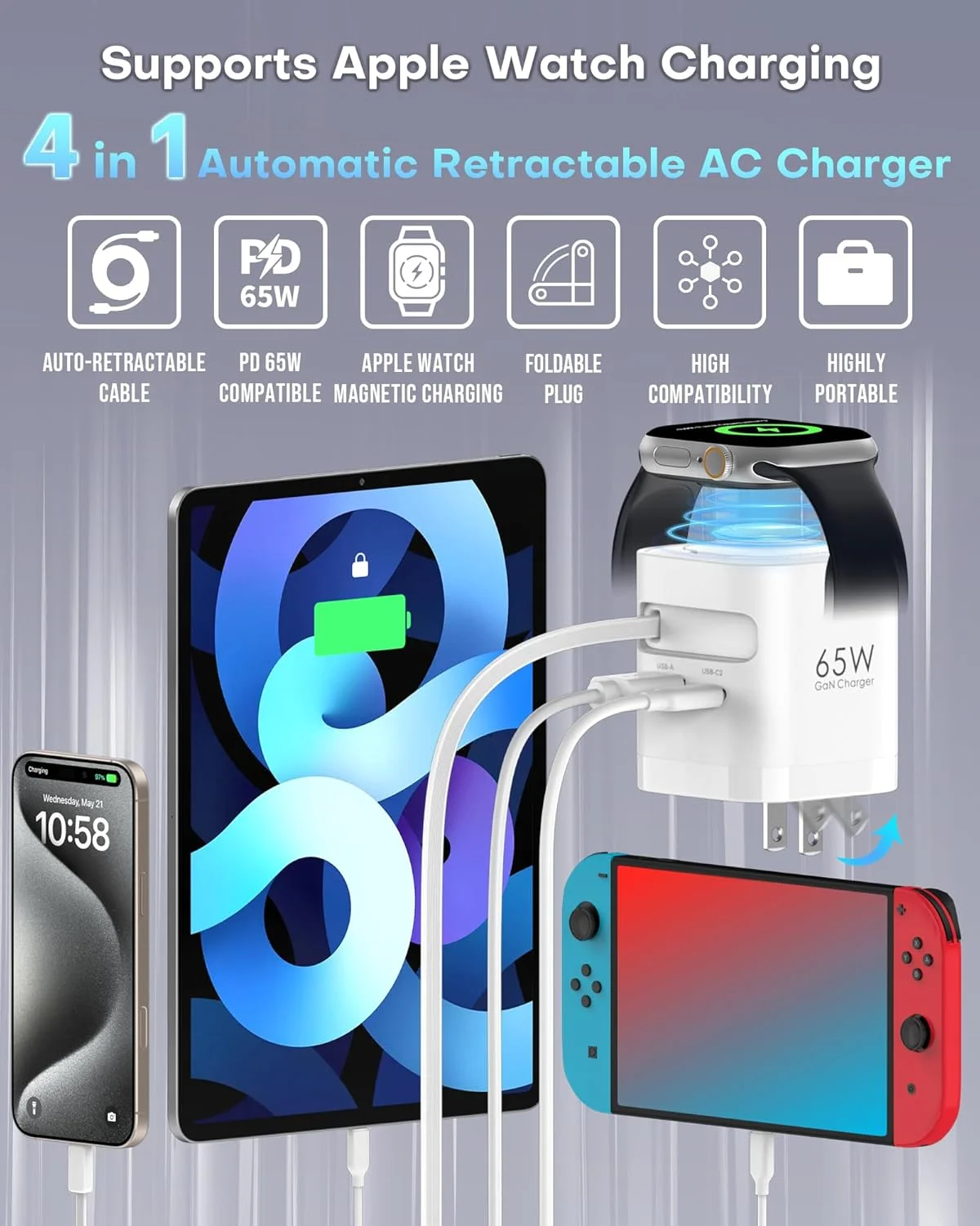 شارژر جمعشونده 65 واتی برای اپل واچ، آداپتور شارژ 4 در 1 PD USB C با دوشاخه تاشو GaN، شارژ سریع برای اپل واچ سری 11/10/9/8/Ultra/SE، برای مکبوک پرو/ایر، آیفون 17/16 پرو، آیپد، گلکسی شارژر جمعشونده 65 واتی برای اپل واچ، آداپتور شارژ 4 در 1 PD USB C با دوشاخه تاشو GaN، شارژ سریع برای اپل واچ سری 11/10/9/8/Ultra/SE، برای مکبوک پرو/ایر، آیفون 17/16 پرو، آیپد، گلکسی