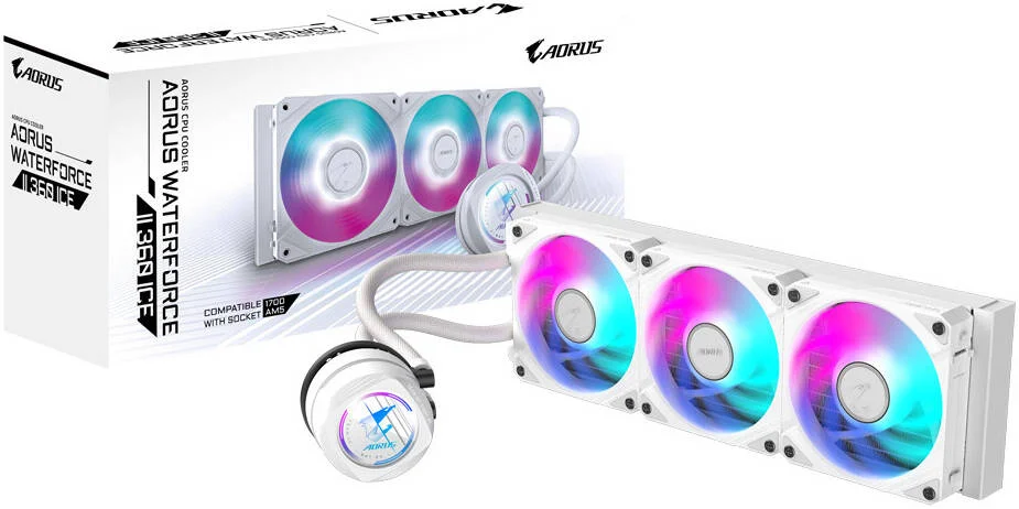 خنک کننده مایع AIO گیگابایت AORUS WATERFORCE II 360 ICE با فن های ARGB، 360 میلی متر، واتر بلاک چرخشی، سازگار با Intel 115x, 1200, 1700 و AMD AM5, AM4، سفید | AORUS-WATERFORCE-II-360I