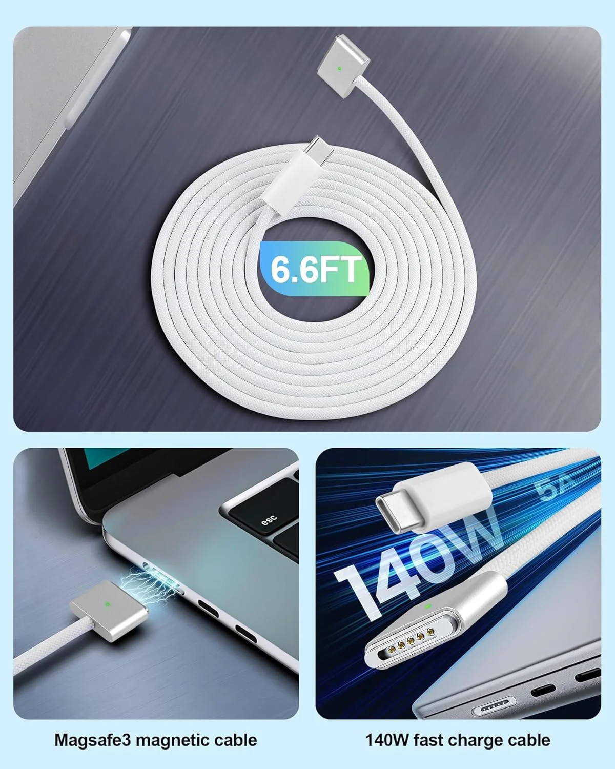 کابل شارژ 140 واتی USB-C به مگنتیک 3، سازگار با مک بوک ایر 2023/2022 (M2)، مک بوک پرو 2021-2023 (M3,M2,M1، 14-16 اینچ) طول 2 متر کابل شارژ 140 واتی USB-C به مگنتیک 3، سازگار با مک بوک ایر 2023/2022 (M2)، مک بوک پرو 2021-2023 (M3,M2,M1، 14-16 اینچ) طول 2 متر