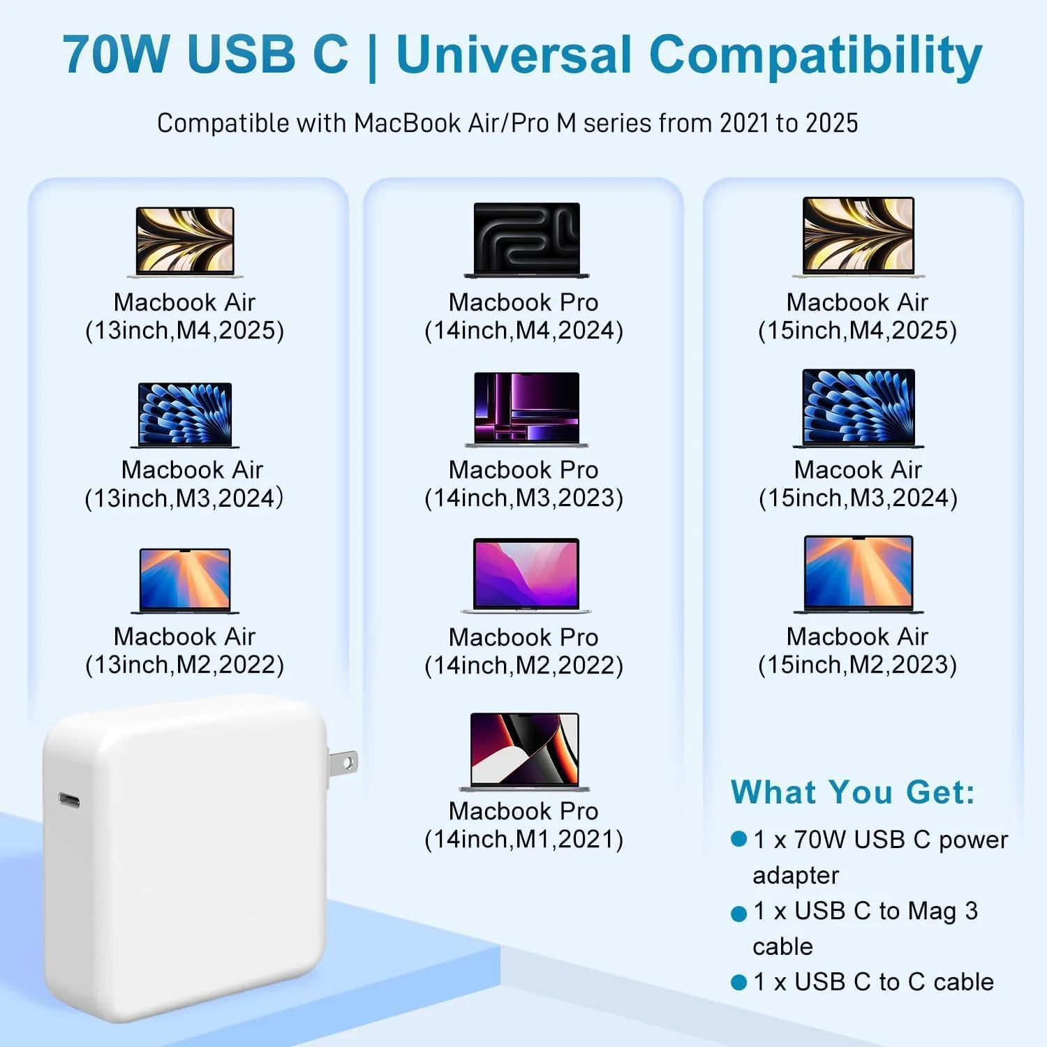 شارژر برای مک بوک ایر ۱۵ ۱۳ اینچ و مک بوک پرو ۱۴ اینچ M4 M3 M2 M1 از سال ۲۰۲۵ ۲۰۲۴ ۲۰۲۳ ۲۰۲۲ ۲۰۲۱، آداپتور برق ۷۰ وات USB-C به Mag 3 به همراه کابل 6.6FT 5A USB-C به Mag 3 (کیفیت اصلی) شارژر برای مک بوک ایر ۱۵ ۱۳ اینچ و مک بوک پرو ۱۴ اینچ M4 M3 M2 M1 از سال ۲۰۲۵ ۲۰۲۴ ۲۰۲۳ ۲۰۲۲ ۲۰۲۱، آداپتور برق ۷۰ وات USB-C به Mag 3 به همراه کابل 6.6FT 5A USB-C به Mag 3 (کیفیت اصلی)