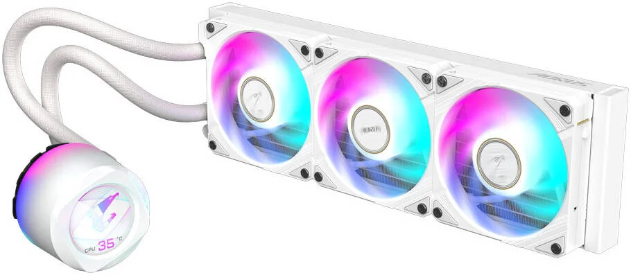 خنک کننده مایع پردازنده GIGABYTE AORUS WATERFORCE X II 360 ICE، خنک کننده AIO با فن های ARGB، 360 میلی متر، بلوک آب چرخشی، Intel 115x,1200,1700 AMD TR4, AM5, AM4, sTR5، سفید | AORUS-WATERFORCEX-II-360I