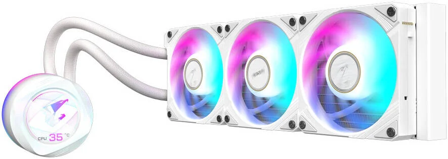 خنک کننده مایع پردازنده GIGABYTE AORUS WATERFORCE X II 360 ICE، خنک کننده AIO با فن های ARGB، 360 میلی متر، بلوک آب چرخشی، Intel 115x,1200,1700 AMD TR4, AM5, AM4, sTR5، سفید | AORUS-WATERFORCEX-II-360I