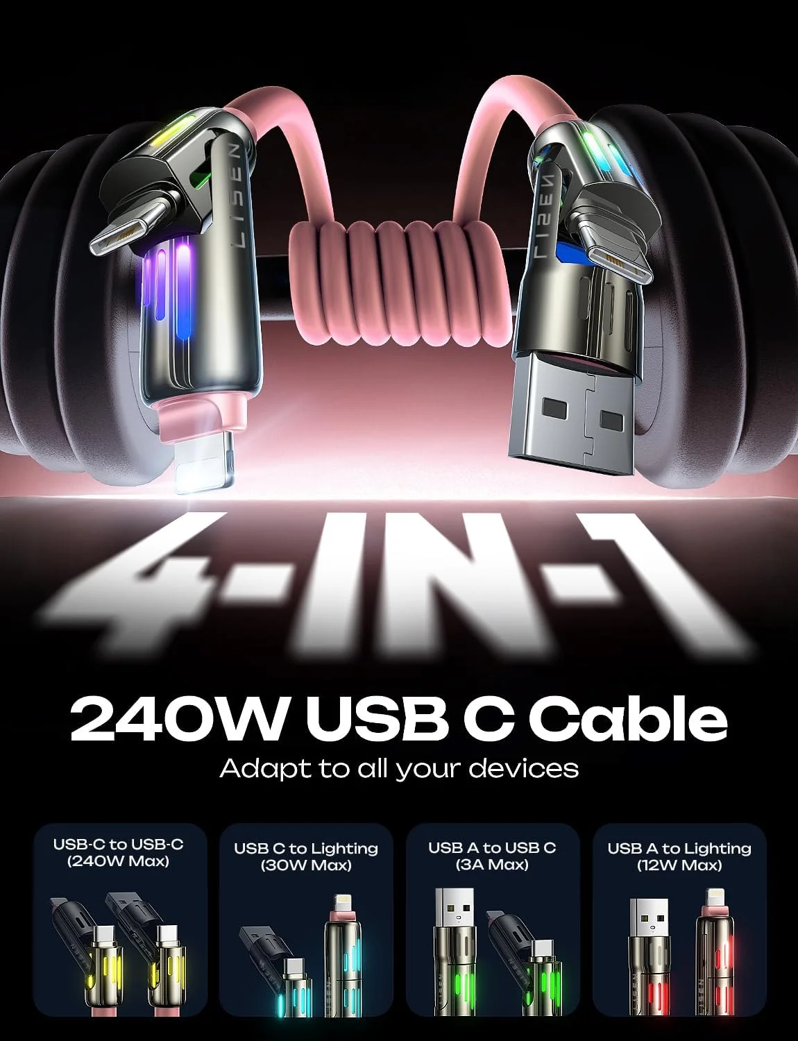 کابل شارژ آیفون صورتی LISEN، USB C چاق 240 واتی، کابل شارژ 4 در 1 (2 متر) با نور، شارژ چندگانه USB A/C به C/L برای آیفون 16 15 14 پرو مکس/مک بوک/آیپد پرو/سامسونگ، لوازم جانبی صورتی کابل شارژ آیفون صورتی LISEN، USB C چاق 240 واتی، کابل شارژ 4 در 1 (2 متر) با نور، شارژ چندگانه USB A/C به C/L برای آیفون 16 15 14 پرو مکس/مک بوک/آیپد پرو/سامسونگ، لوازم جانبی صورتی