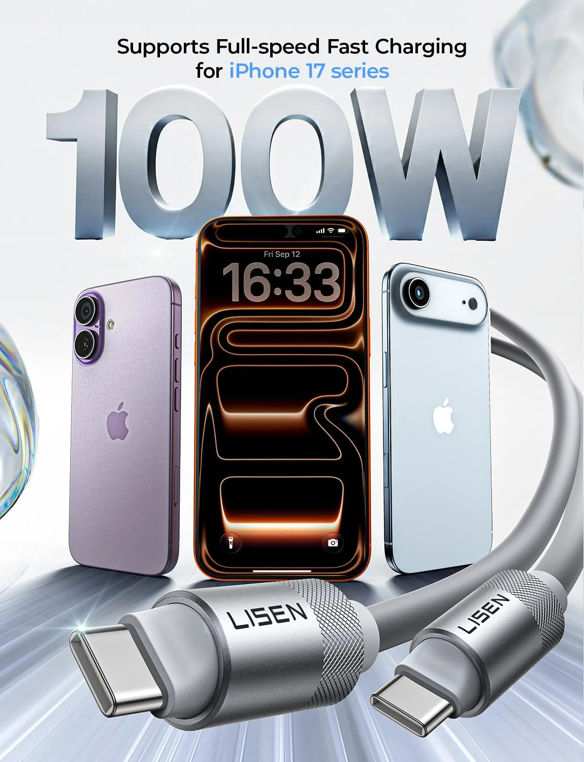 کابل USB نوع C لیسن 3 متری، کابل شارژ سریع 100 واتی USB نوع C به USB نوع C، سیلیکونی نرم و بلند USBC به USBC برای آیفون 17 ایر 16 15 پرو مکس، سامسونگ S25، مک بوک پرو/ایر، سوییچ 2، آیپد