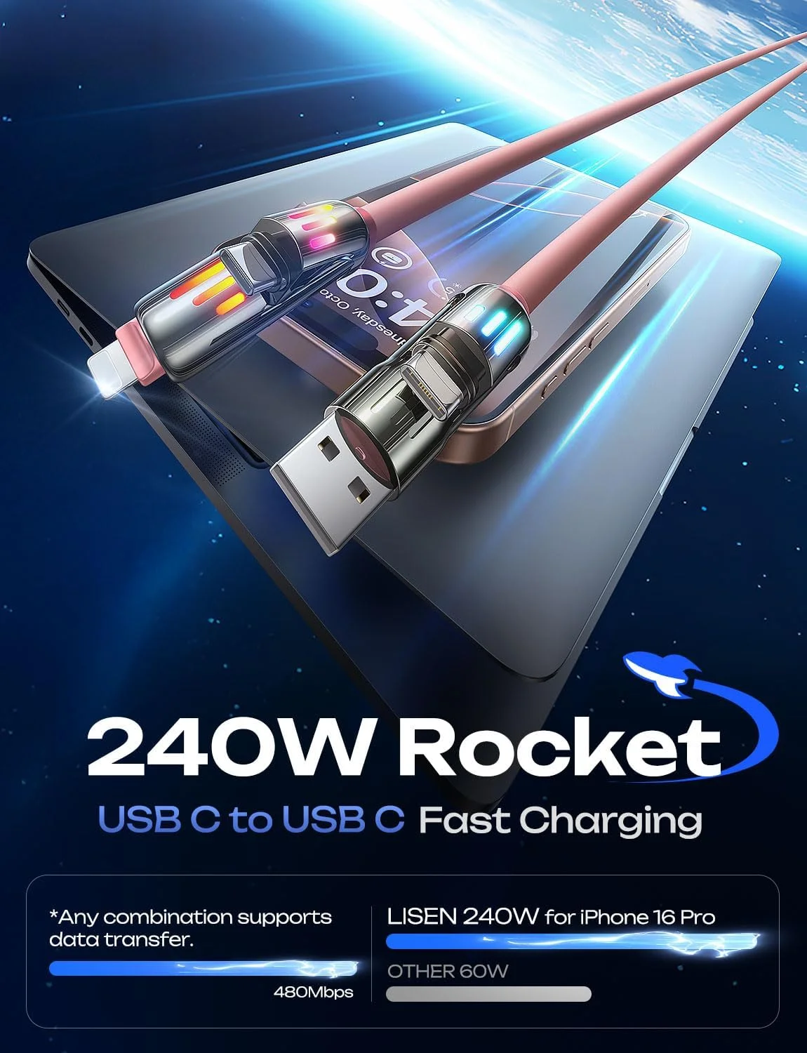 کابل شارژ آیفون صورتی LISEN، USB C چاق 240 واتی، کابل شارژ 4 در 1 (2 متر) با نور، شارژ چندگانه USB A/C به C/L برای آیفون 16 15 14 پرو مکس/مک بوک/آیپد پرو/سامسونگ، لوازم جانبی صورتی کابل شارژ آیفون صورتی LISEN، USB C چاق 240 واتی، کابل شارژ 4 در 1 (2 متر) با نور، شارژ چندگانه USB A/C به C/L برای آیفون 16 15 14 پرو مکس/مک بوک/آیپد پرو/سامسونگ، لوازم جانبی صورتی