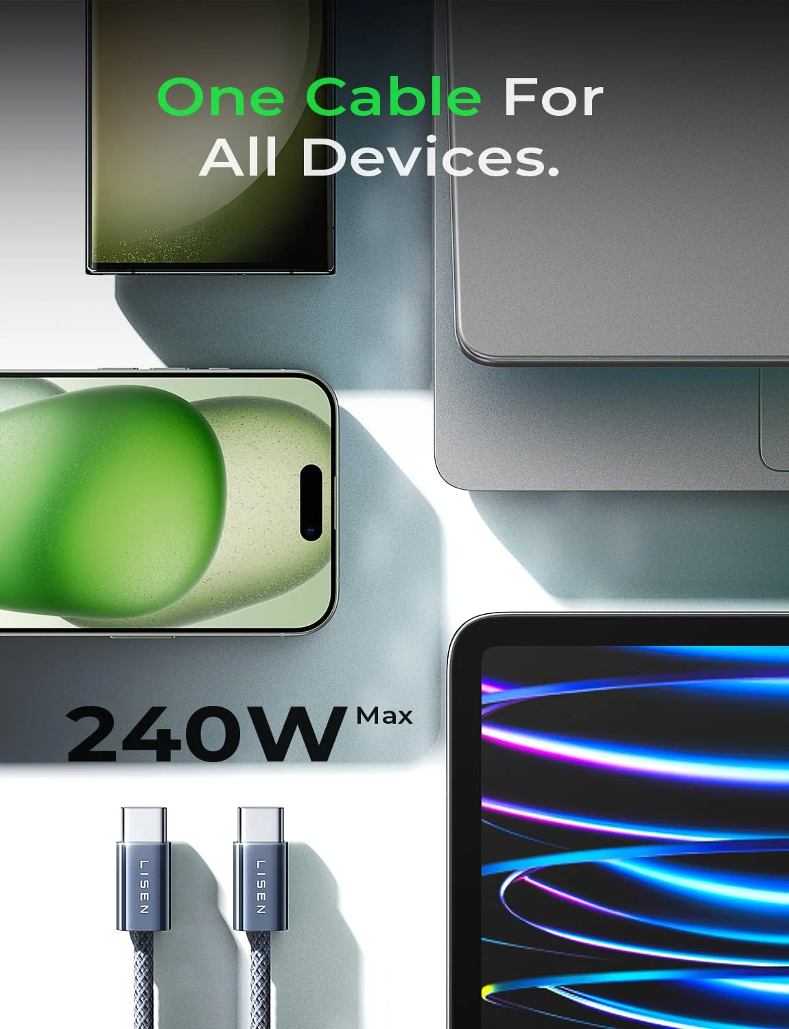 کابل USB C به USB C لیسن، کابل شارژ سریع 240 واتی نوع C برای آیفون 16، 15، آیپد، مک بوک پرو ایر، سامسونگ S25، سوییچ، 1 متر + 2 متر / بسته 2 عددی / نیمه شب کابل USB C به USB C لیسن، کابل شارژ سریع 240 واتی نوع C برای آیفون 16، 15، آیپد، مک بوک پرو ایر، سامسونگ S25، سوییچ، 1 متر + 2 متر / بسته 2 عددی / نیمه شب