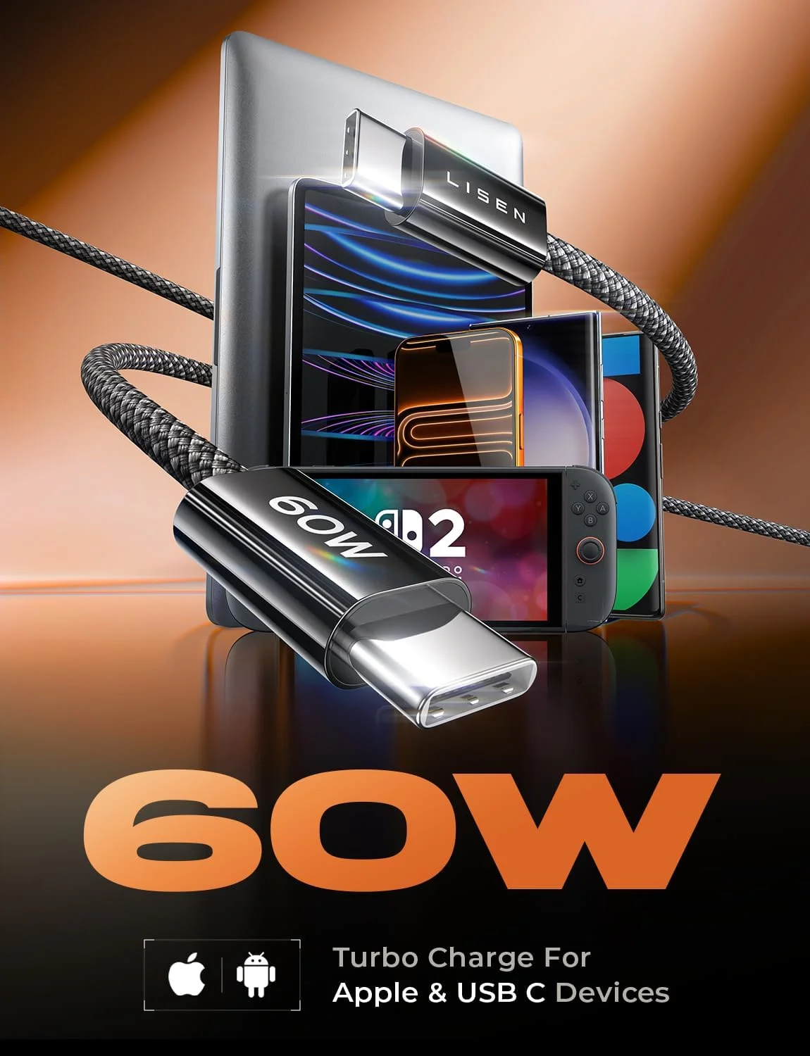 کابل USB-C به USB-C LISEN، بسته 5 عددی [1/1/2/2/3 متر]، کابل شارژ 60 واتی C به C برای آیپد، آیفون 17 ایر 16 15 پرو مکس، سامسونگ زد فلیپ 7/S25/S24