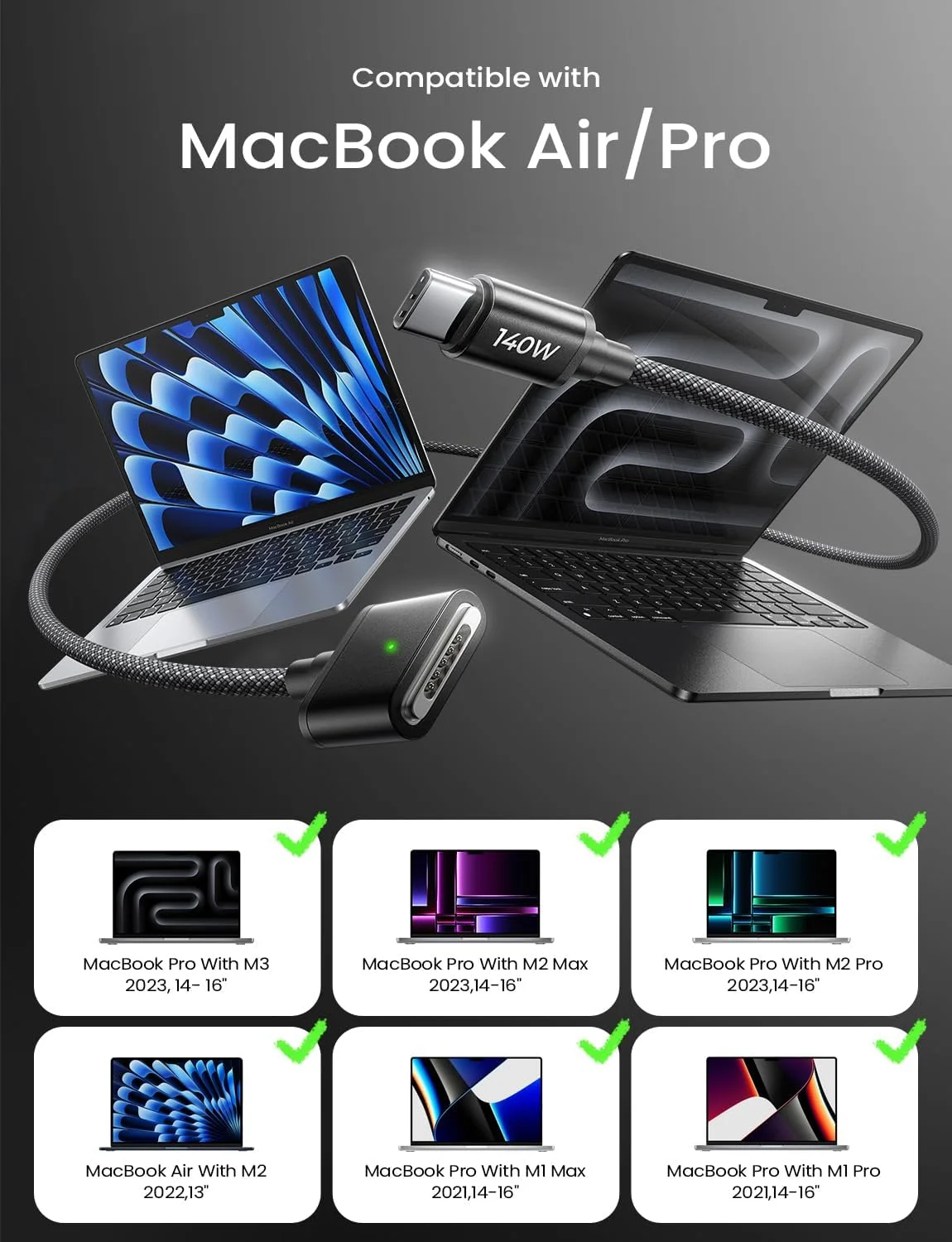 کابل شارژ مغناطیسی امن 3 LISEN 140W برای مک بوک ایر/پرو (2 متر، مشکی)، کابل USB C به مغناطیسی 3 برای مک بوک ایر/پرو (15 اینچ/13 اینچ M3 2024، 15 اینچ M2 2023، 13 اینچ M2 2022) کابل شارژ مغناطیسی امن 3 LISEN 140W برای مک بوک ایر/پرو (2 متر، مشکی)، کابل USB C به مغناطیسی 3 برای مک بوک ایر/پرو (15 اینچ/13 اینچ M3 2024، 15 اینچ M2 2023، 13 اینچ M2 2022)