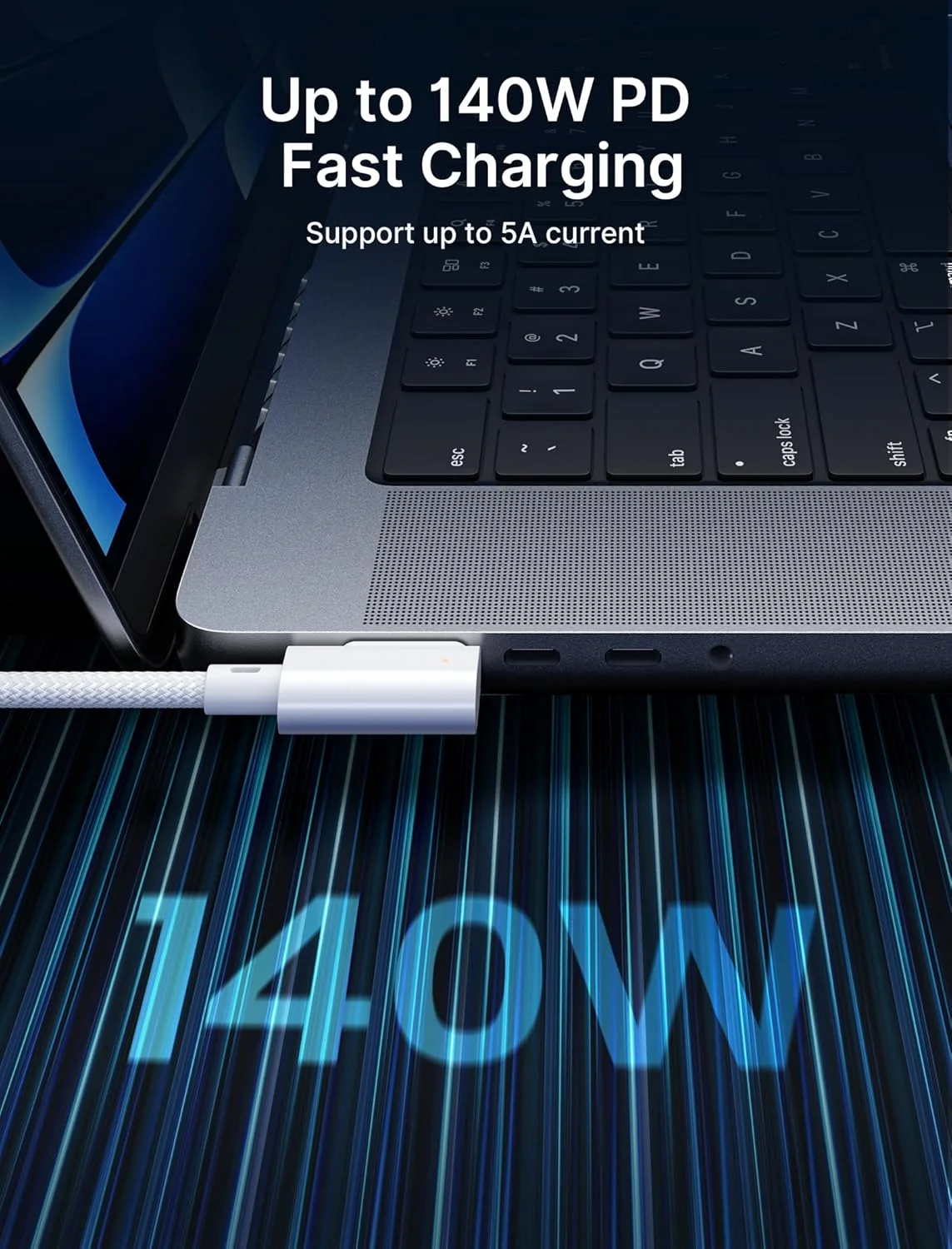 کابل 3 مغناطیسی USB C به طول 3 متر و توان 140 وات، سازگار با MacBook Air (15"/13" M4 2025, M3 2024, M2 2023, M2 2022), MacBook Pro (16"/14" 2024/2023/2021)