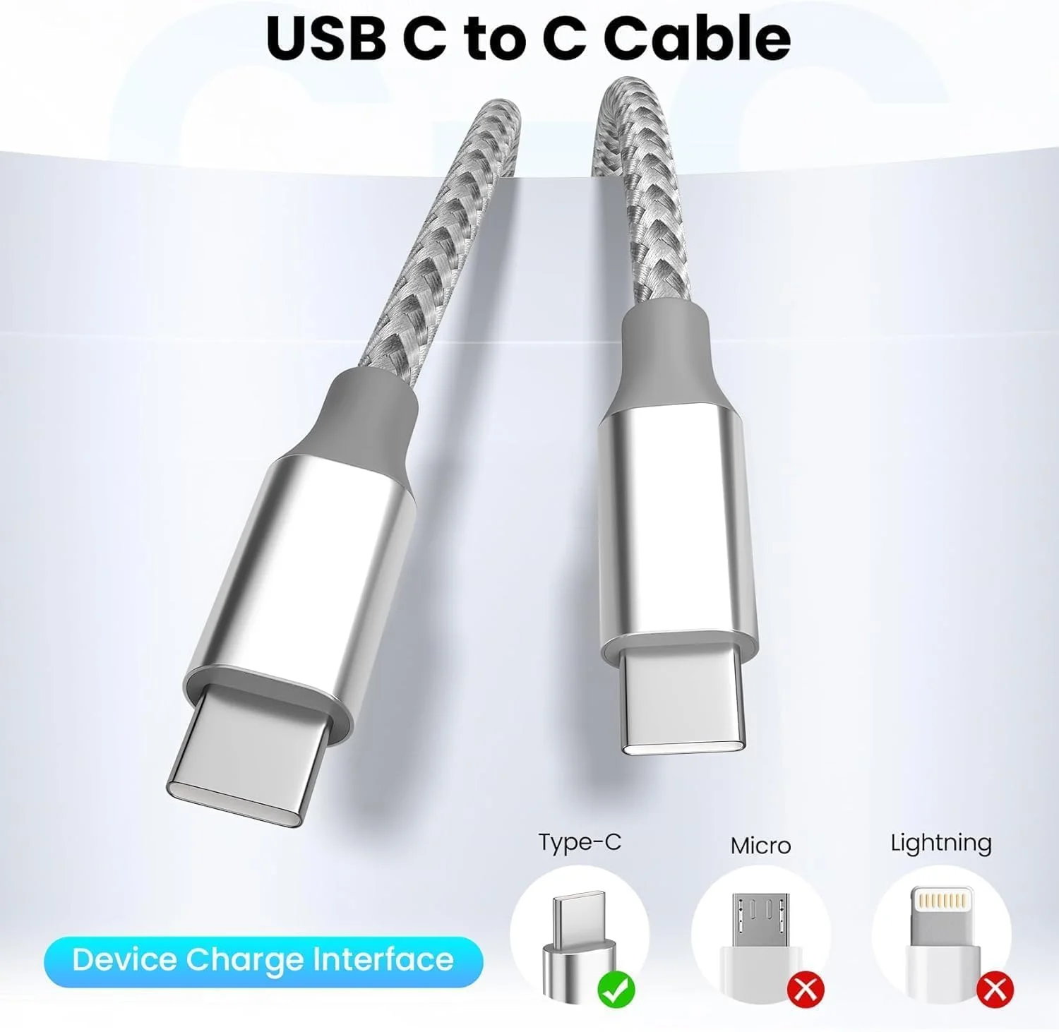 کابل USB نوع C، بسته 3 عددی 3 متری 60 واتی شارژ سریع USB C به USB C، کابل شارژر بادوام نوع C برای آیفون 17/16/15/آیپد مک بوک CarPlay و غیره - خاکستری سفید کابل USB نوع C، بسته 3 عددی 3 متری 60 واتی شارژ سریع USB C به USB C، کابل شارژر بادوام نوع C برای آیفون 17/16/15/آیپد مک بوک CarPlay و غیره - خاکستری سفید