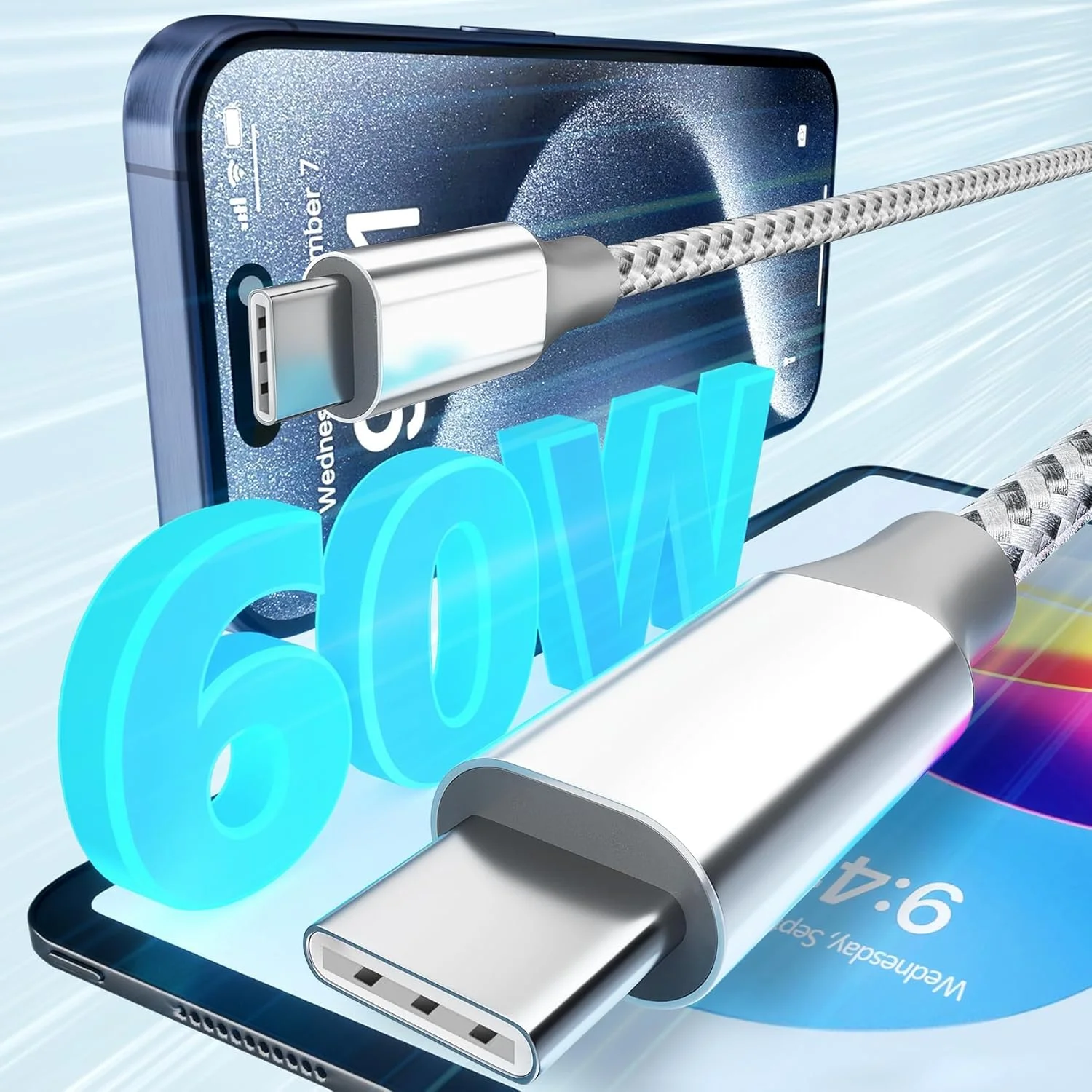 کابل USB نوع C، بسته 3 عددی 3 متری 60 واتی شارژ سریع USB C به USB C، کابل شارژر بادوام نوع C برای آیفون 17/16/15/آیپد مک بوک CarPlay و غیره - خاکستری سفید کابل USB نوع C، بسته 3 عددی 3 متری 60 واتی شارژ سریع USB C به USB C، کابل شارژر بادوام نوع C برای آیفون 17/16/15/آیپد مک بوک CarPlay و غیره - خاکستری سفید