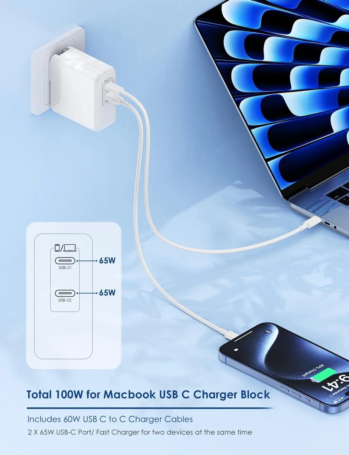 شارژر USB C اِسری MacBook Pro، شارژر 100 واتی USB C دو عددی با دوشاخه تاشو، شارژ سریع دو پورت 65 واتی برای MacBook Pro Air، iPad Pro، iPhone 17/16/15، شامل کابل های 6FT+10FT USB C به C - سفید شارژر USB C اِسری MacBook Pro، شارژر 100 واتی USB C دو عددی با دوشاخه تاشو، شارژ سریع دو پورت 65 واتی برای MacBook Pro Air، iPad Pro، iPhone 17/16/15، شامل کابل های 6FT+10FT USB C به C - سفید