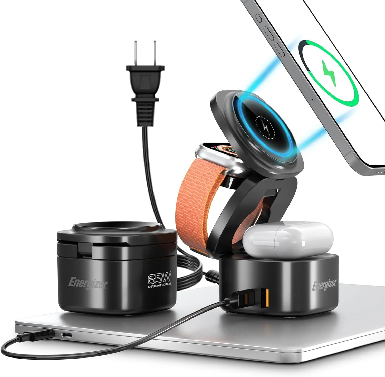 پایه شارژ تاشو Energizer Apple Magsafe با شارژر سریع 65 واتی USB C، پایه داک شارژر وایرلس مغناطیسی 5 در 1 برای دستگاه های متعدد آیفون، اپل واچ، ایرپادز، مک بوک پایه شارژ تاشو Energizer Apple Magsafe با شارژر سریع 65 واتی USB C، پایه داک شارژر وایرلس مغناطیسی 5 در 1 برای دستگاه های متعدد آیفون، اپل واچ، ایرپادز، مک بوک