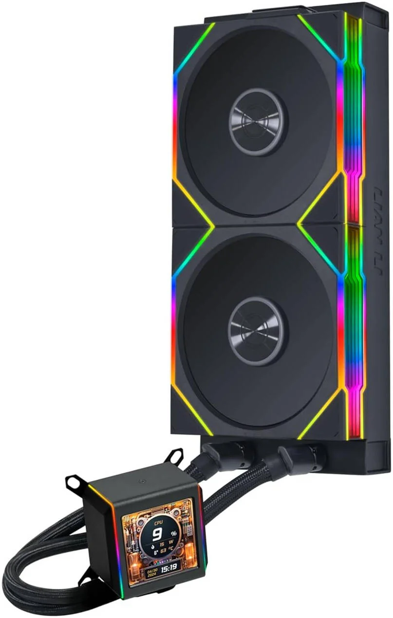 خنک‌کننده مایع پردازنده Lian-Li GA II LCD TL WIRELESS 280 AIO RGB، نمایشگر IPS LCD 2.88 اینچی، رادیاتور 280 میلی‌متری، سرعت پمپ 3600 دور در دقیقه، 2 عدد فن aRGB 140 میلی‌متری، جریان هوای 103.9 CFM فن، نوع FDB، مشکی | GA2ALCD28TLB