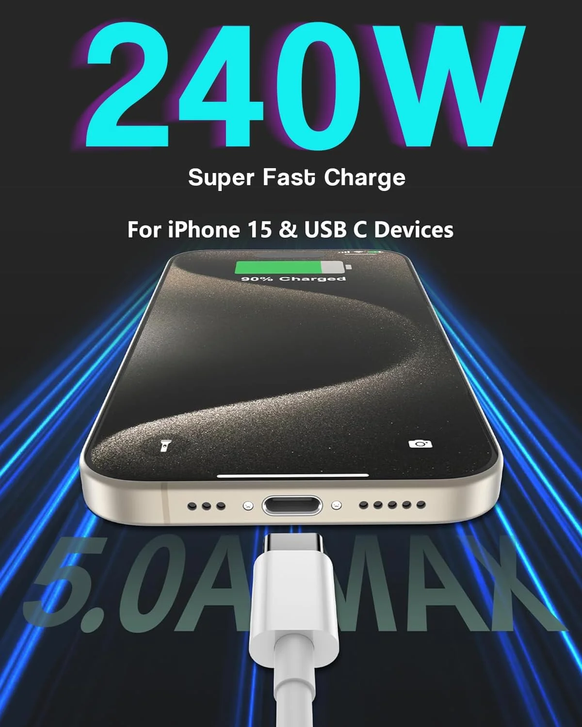 کابل USB C به USB C، کابل 240 واتی USBC با طول 3 متر، شارژ سریع Type C به C برای Macbook Pro/Macbook Air، iPad Pro 12.9 اینچ، iPhone 16 15 Pro Max Plus، Samsung Galaxy S23، سازگار با 140W/100W/65W/45W/35W/20W