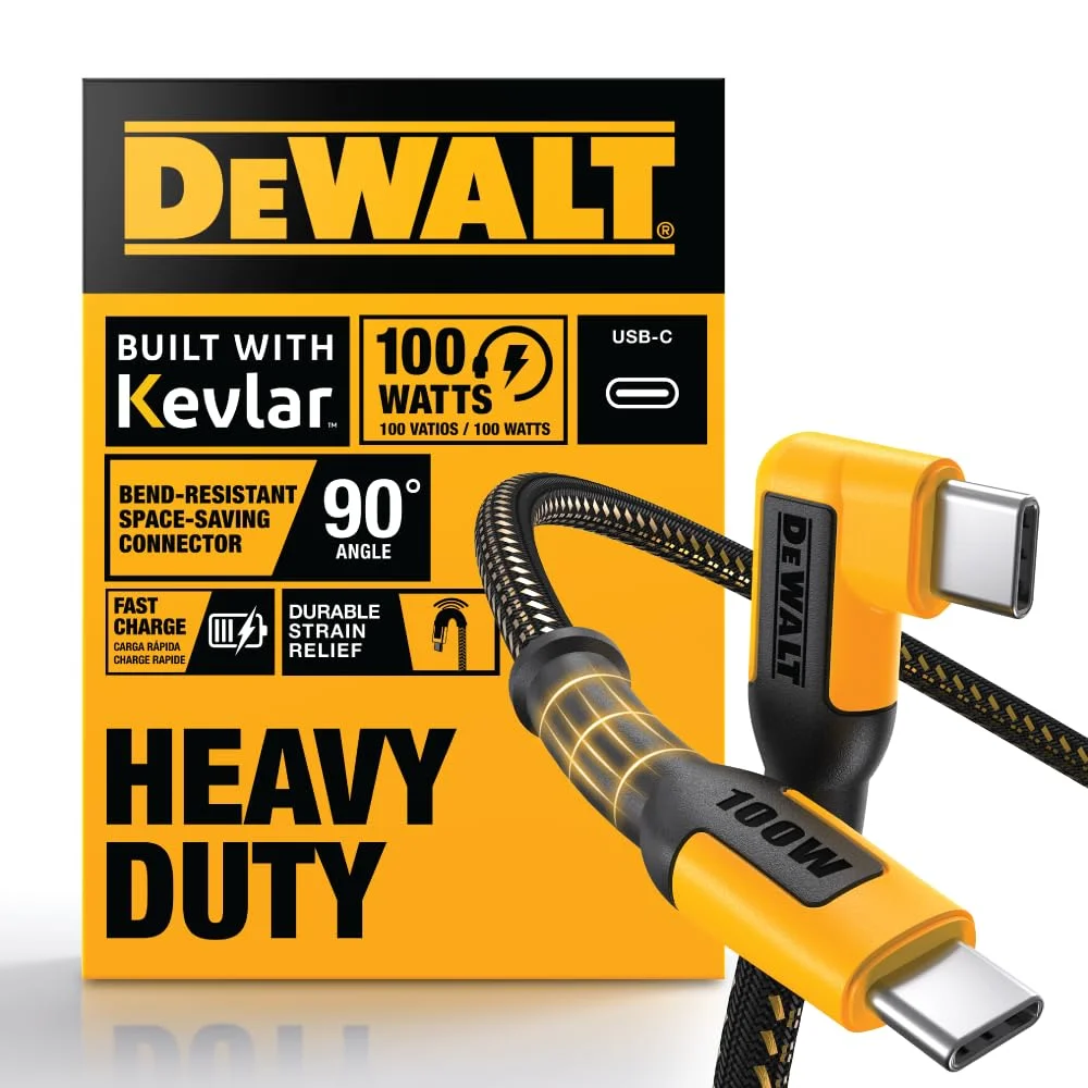 کابل USB C با زاویه 90 درجه 100 واتی DEWALT، کابل USB C سنگین 100 واتی مناسب کارگاه، کابل پرسرعت Type-C به Type-C، سیم شارژ سریع PD USBC برای آیفون، مک بوک، آیپد، سامسونگ، 1.2 متر