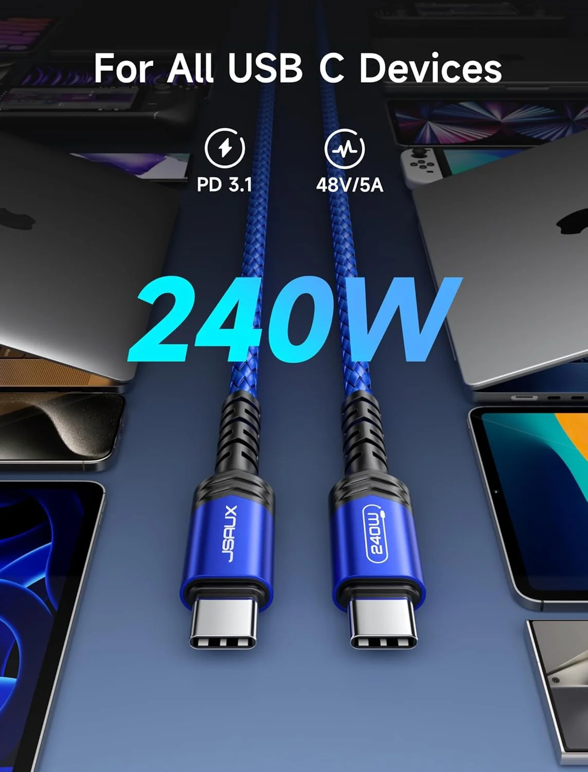 کابل USB C به C با توان 240 وات JSAUX [بسته دو عددی 2 متری و 3 متری]، کابل شارژ سریع USB C برای مک بوک، آیپد، دل، آیفون 17/آیفون ایر/آیفون 17 پرو/آیفون 17 پرو مکس، سری آیفون 16/15، سامسونگ گلکسی، پیکسل - آبی