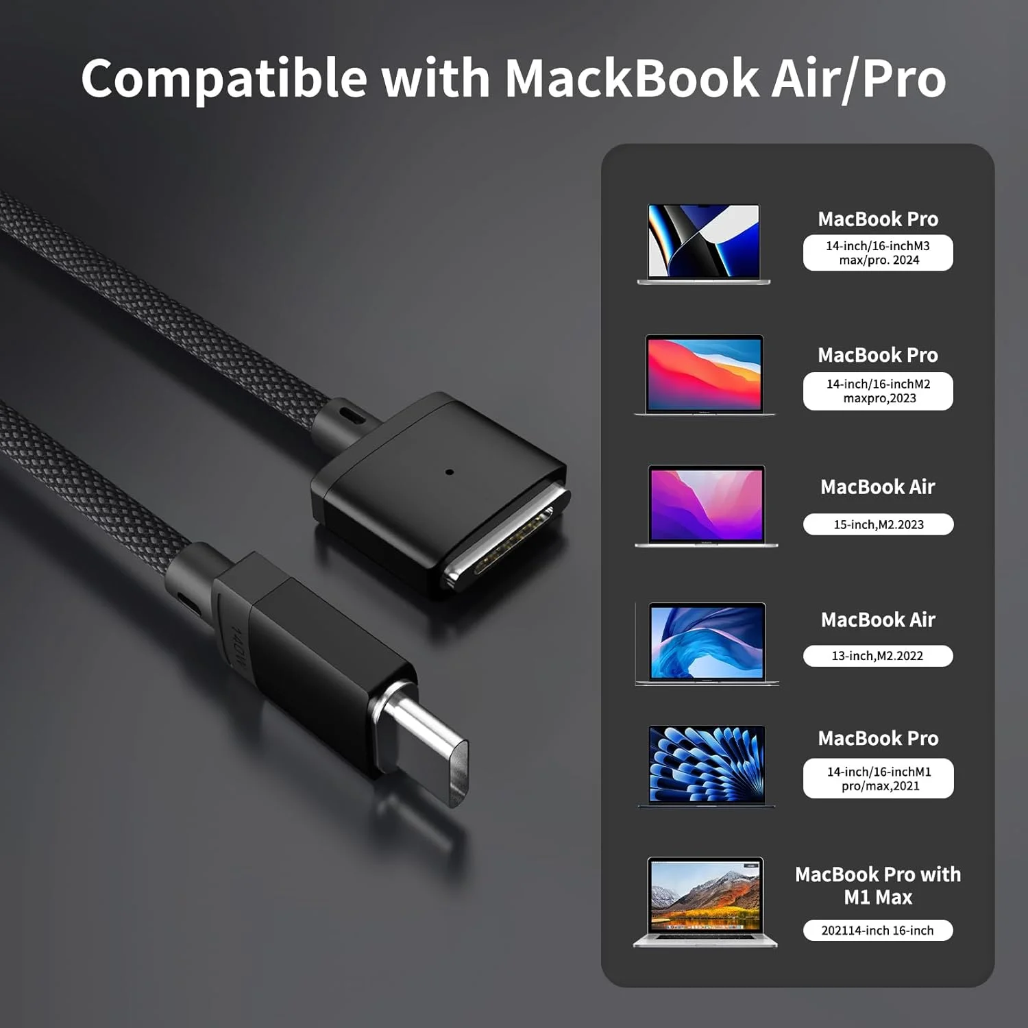 کابل USB-C به مغناطیسی 3 سازگار با کابل شارژ مگ‌سیف برای مک‌بوک پرو ۱۴ و ۱۶ اینچ ۲۰۲۴ M3 Pro & Max، مک‌بوک ایر ۲۰۲۲ M2، پرو ۲۰۲۳ M2 Pro & Max - طول ۲ متر - مشکی