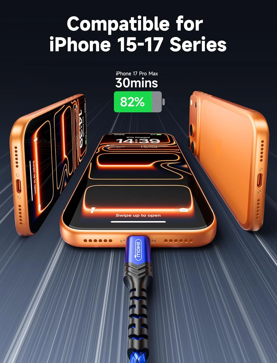 کابل USB C به C با توان 240 وات JSAUX [بسته دو عددی 2 متری و 3 متری]، کابل شارژ سریع USB C برای مک بوک، آیپد، دل، آیفون 17/آیفون ایر/آیفون 17 پرو/آیفون 17 پرو مکس، سری آیفون 16/15، سامسونگ گلکسی، پیکسل - آبی