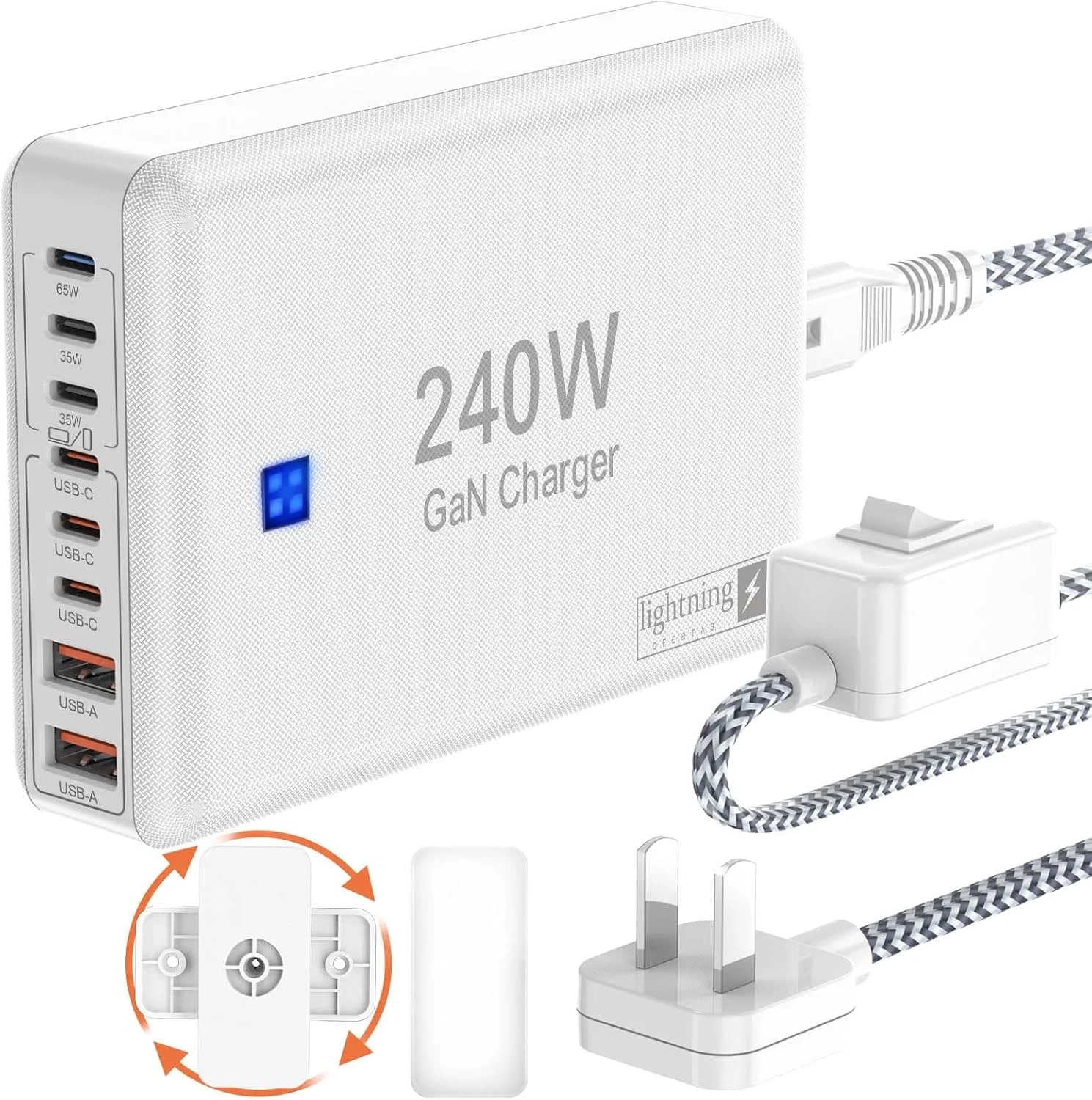 آداپتور شارژ سریع 240 واتی، ایستگاه شارژ 8 پورت برای آیفون/آیپد/مک بوک، جعبه شارژر GaN با پورت های 6C2A PD، هاب برج USB با سیم برق بافته شده 1.5 متری با کلید روشن/خاموش، دوشاخه تخت، لوازم ضروری سفر آداپتور شارژ سریع 240 واتی، ایستگاه شارژ 8 پورت برای آیفون/آیپد/مک بوک، جعبه شارژر GaN با پورت های 6C2A PD، هاب برج USB با سیم برق بافته شده 1.5 متری با کلید روشن/خاموش، دوشاخه تخت، لوازم ضروری سفر