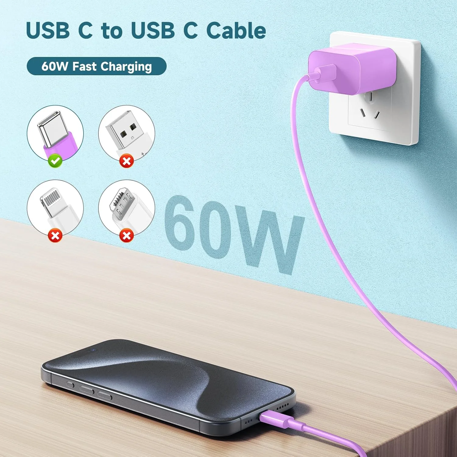 کابل USB C به C با توان 60 وات [بسته 3 عددی]، کابل شارژ سریع 1.8 متری USB-C به USBC مناسب برای مدل های iPhone 17/16/15 Pro Plus Pro Max، MacBook Pro Air/IPad/iPad Pro 12.9/11، AirPods 4 (بنفش)