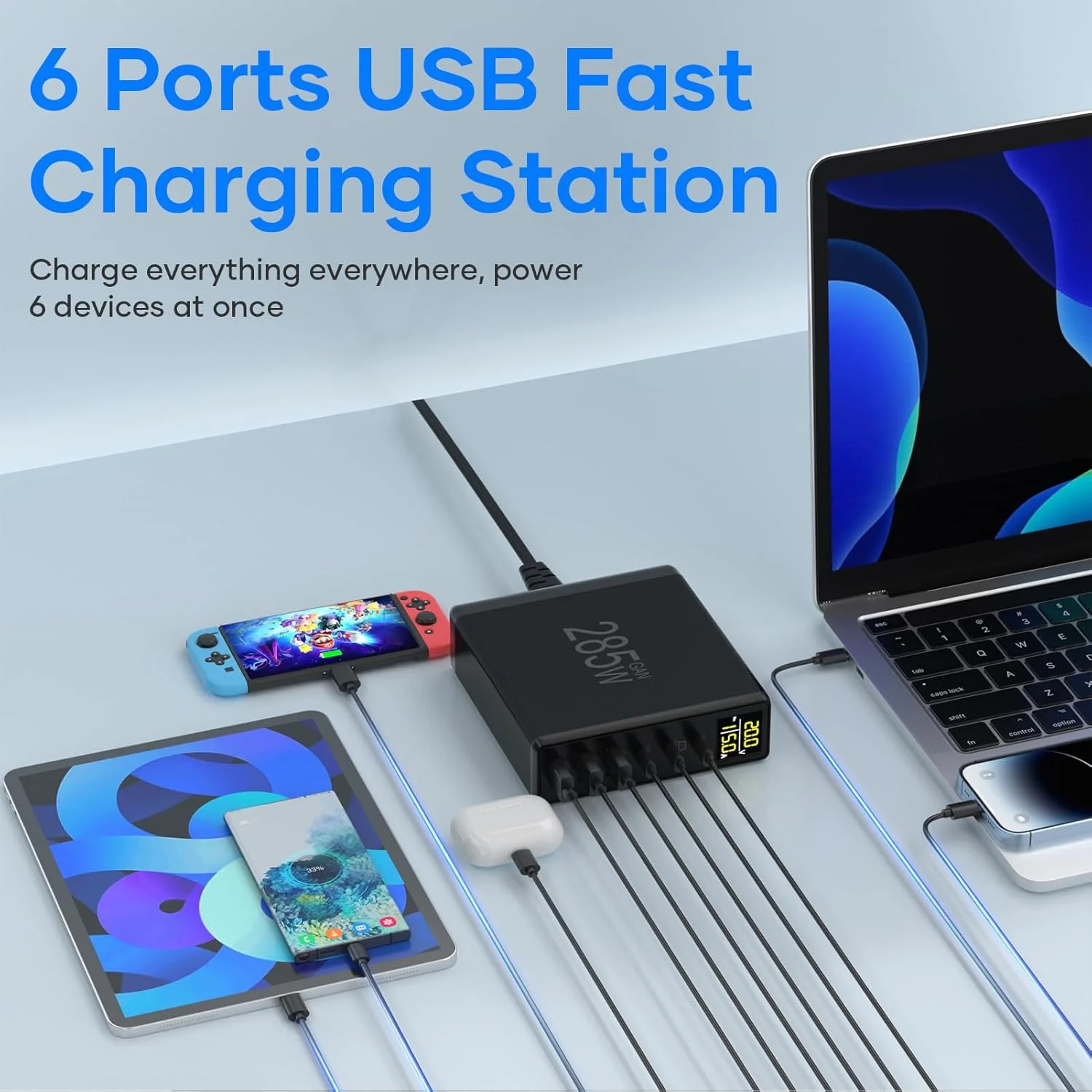 ایستگاه شارژ USB C شش پورت با نمایشگر LCD دیجیتال - شارژر سریع GaN 100W USB C برای لپتاپهای مکبوک، آیپد، آیفون، سامسونگ - مشکی ایستگاه شارژ USB C شش پورت با نمایشگر LCD دیجیتال - شارژر سریع GaN 100W USB C برای لپتاپهای مکبوک، آیپد، آیفون، سامسونگ - مشکی