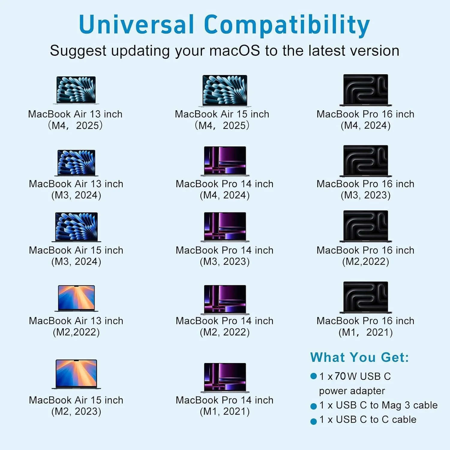شارژر برای مک بوک پرو ۱۴ و ۱۶ اینچ و مک بوک ایر ۱۳ و ۱۵ اینچ M4 M3 M2 M1 مدل های ۲۰۲۵ ۲۰۲۴ ۲۰۲۳ ۲۰۲۲ ۲۰۲۱، آداپتور برق ۷۰ وات با کیفیت مشابه اصلی به همراه کابل USBC به Mag 3 به طول ۲ متر شارژر برای مک بوک پرو ۱۴ و ۱۶ اینچ و مک بوک ایر ۱۳ و ۱۵ اینچ M4 M3 M2 M1 مدل های ۲۰۲۵ ۲۰۲۴ ۲۰۲۳ ۲۰۲۲ ۲۰۲۱، آداپتور برق ۷۰ وات با کیفیت مشابه اصلی به همراه کابل USBC به Mag 3 به طول ۲ متر