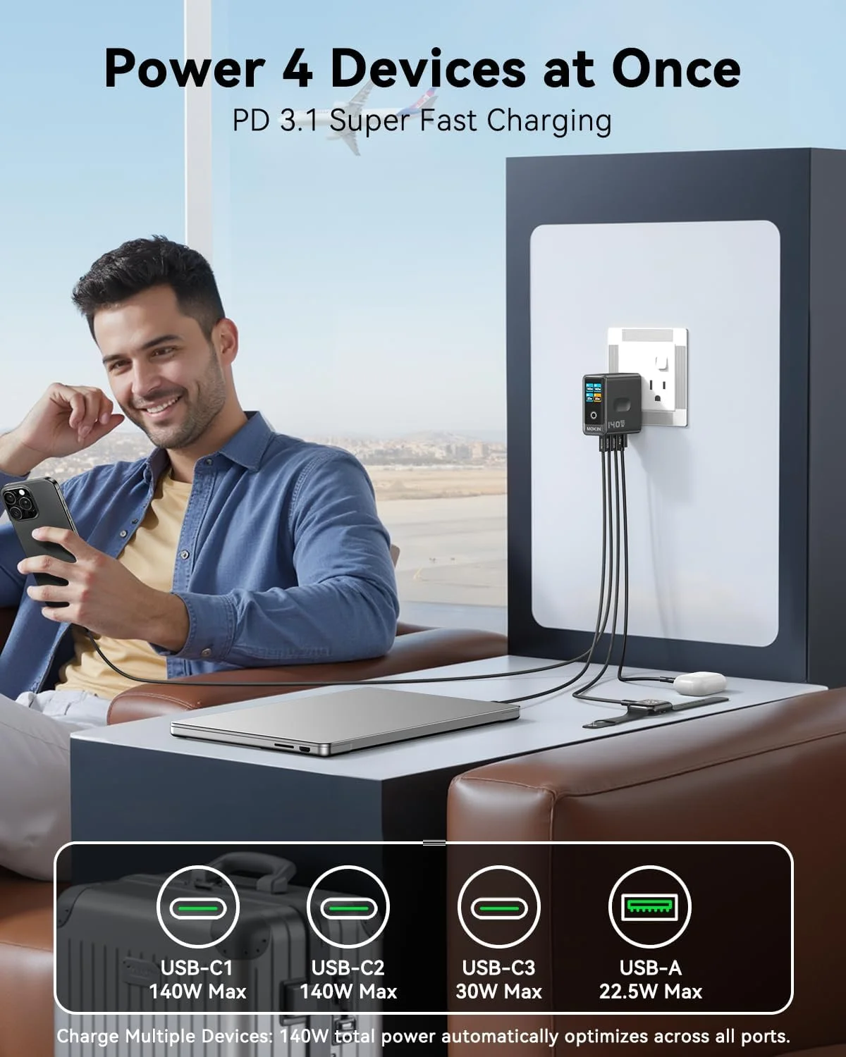 شارژر لپ تاپ، GaN 140W USB C شارژر PD3.1 PPS 4 پورت شارژ سریع چند دستگاه، آداپتور برق USB C، صفحه لمسی بصری، برای MacBook Pro/Air، iPhone 17/16 Series، iPad Pro، Lenovo، HP، Dji Drone شارژر لپ تاپ، GaN 140W USB C شارژر PD3.1 PPS 4 پورت شارژ سریع چند دستگاه، آداپتور برق USB C، صفحه لمسی بصری، برای MacBook Pro/Air، iPhone 17/16 Series، iPad Pro، Lenovo، HP، Dji Drone