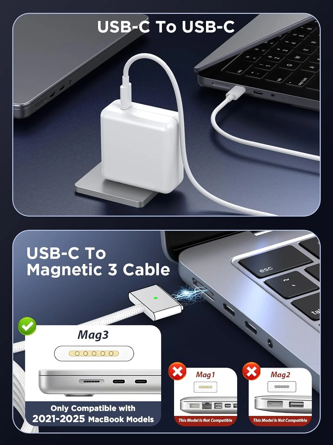 شارژر 140 واتی برای مک بوک پرو 14 و 16 اینچی و مک بوک ایر 13 و 15 اینچی 2021-2025 M1 M2 M3 M4، آداپتور برق 140 واتی GaN، کابل 2 متری USB C به مگنتیک 3 و کابل 2 متری USB C به C شارژر 140 واتی برای مک بوک پرو 14 و 16 اینچی و مک بوک ایر 13 و 15 اینچی 2021-2025 M1 M2 M3 M4، آداپتور برق 140 واتی GaN، کابل 2 متری USB C به مگنتیک 3 و کابل 2 متری USB C به C