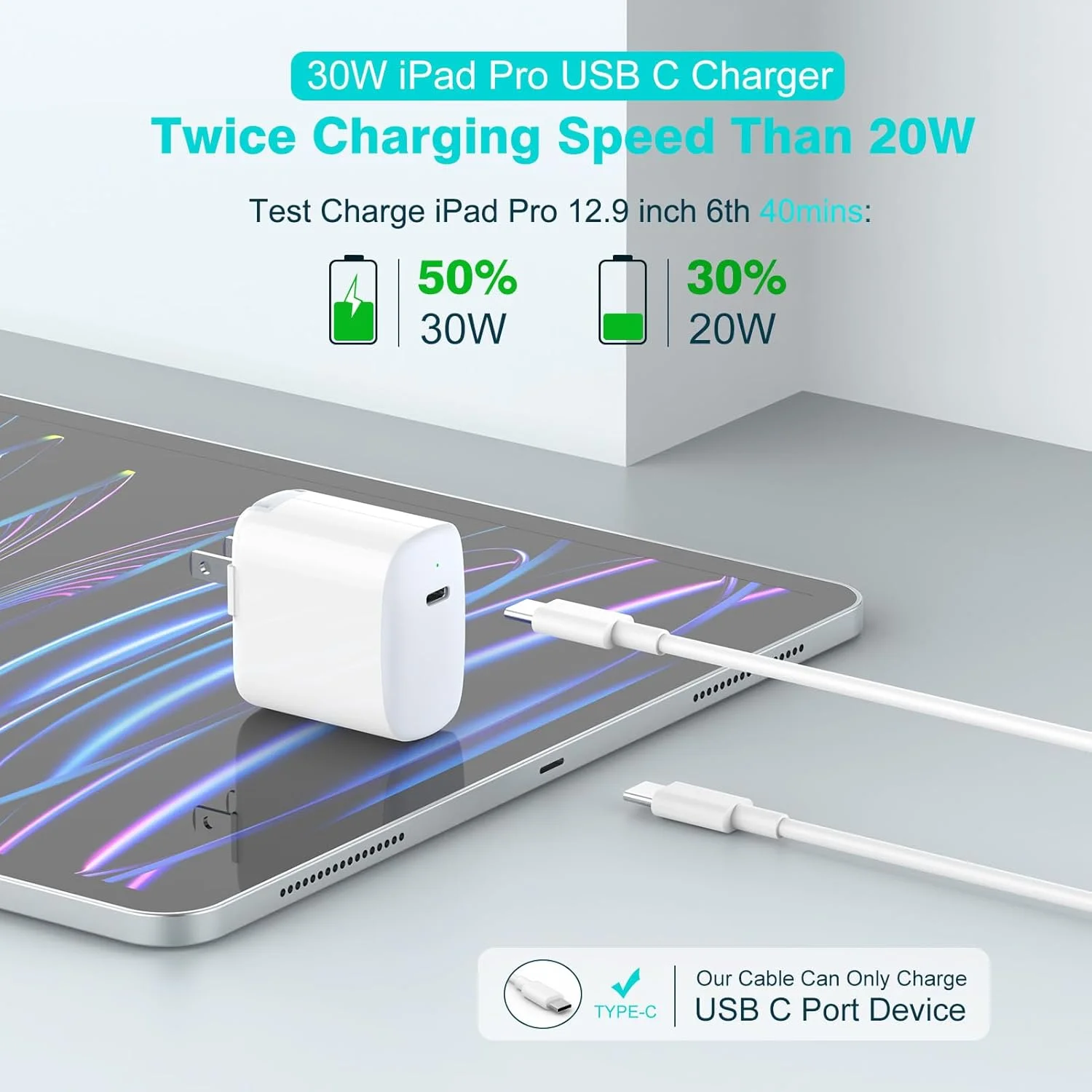 شارژر 30 واتی USB C برای آیپد پرو 13، 12.9، 11 اینچ 2024 2023 2022 2021 2020 2019 M4 M2 M1، آیپد ایر 5 4، M3 M2، مینی 6، A17 Pro، آیپد 10، A16، مک بوک ایر، آیفون 16 15، پیکسل 8 7 پرو، کابل USB-C به طول 2 متر شارژر 30 واتی USB C برای آیپد پرو 13، 12.9، 11 اینچ 2024 2023 2022 2021 2020 2019 M4 M2 M1، آیپد ایر 5 4، M3 M2، مینی 6، A17 Pro، آیپد 10، A16، مک بوک ایر، آیفون 16 15، پیکسل 8 7 پرو، کابل USB-C به طول 2 متر