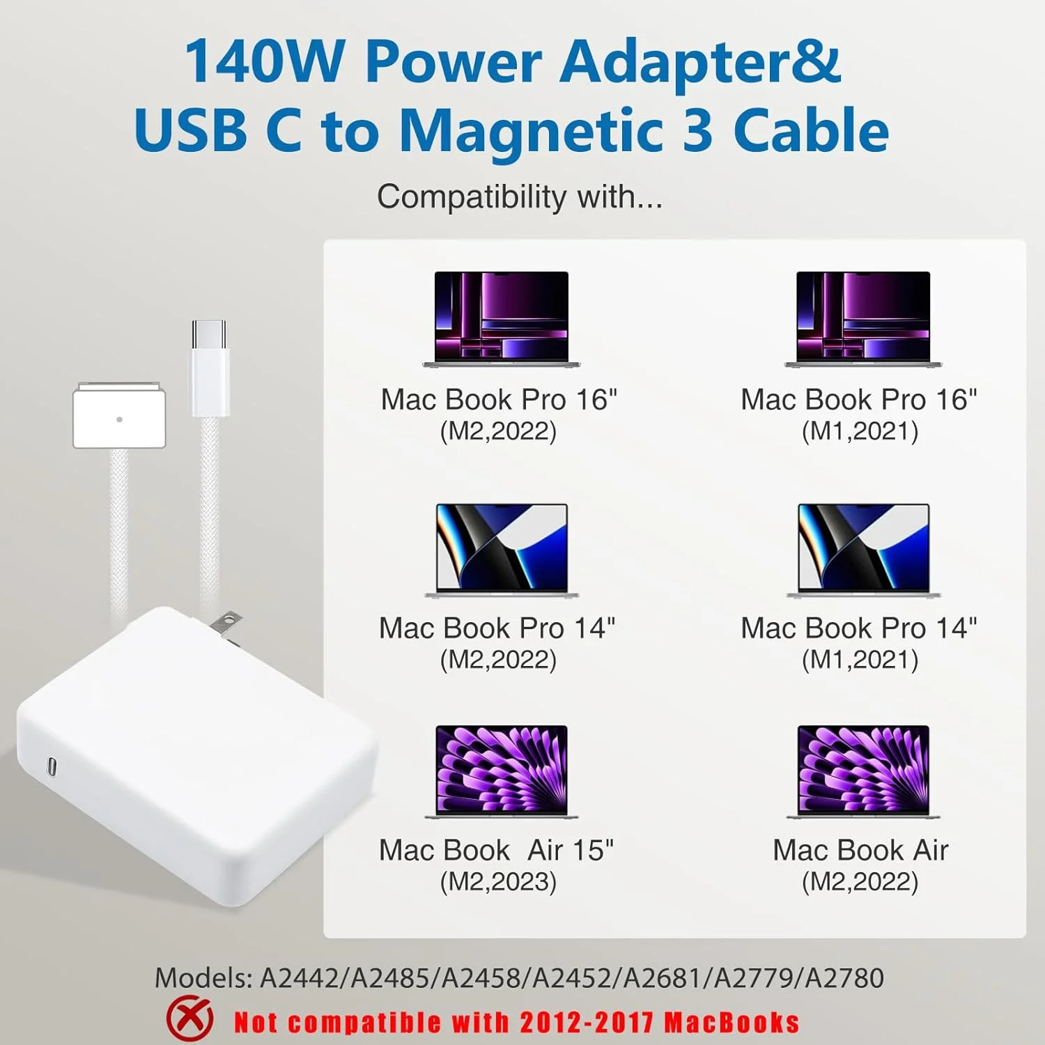 شارژر 140 واتی مک بوک پرو، کابل USB-C به مگنتیک 3، سازگار با مک بوک پرو 16، 15، 14، 13 اینچی، مک بوک ایر 13 اینچی، آیپد پرو 2025/2024/2023/2022/2021، M1 M2 M3 M4، شامل کابل 2 متری USB C به C شارژر 140 واتی مک بوک پرو، کابل USB-C به مگنتیک 3، سازگار با مک بوک پرو 16، 15، 14، 13 اینچی، مک بوک ایر 13 اینچی، آیپد پرو 2025/2024/2023/2022/2021، M1 M2 M3 M4، شامل کابل 2 متری USB C به C