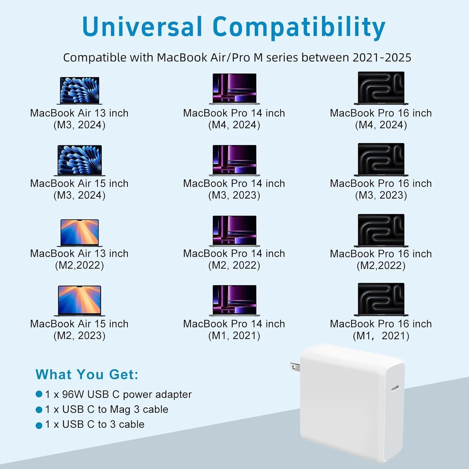 شارژر 96 واتی برای مک بوک پرو 16 و 14 اینچی، مک بوک ایر 15 و 13 اینچی M4 M3 M2 M1 از سال 2025 2024 2023 2022 2021، آداپتور برق USB-C به Mag 3 با توان 96W/70W، شامل کابل 6.6 فوتی USBC به Mag 3 (کیفیت اصلی) شارژر 96 واتی برای مک بوک پرو 16 و 14 اینچی، مک بوک ایر 15 و 13 اینچی M4 M3 M2 M1 از سال 2025 2024 2023 2022 2021، آداپتور برق USB-C به Mag 3 با توان 96W/70W، شامل کابل 6.6 فوتی USBC به Mag 3 (کیفیت اصلی)