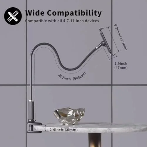 پایه نگهدارنده تبلت برای تخت، بازوی انعطاف پذیر قابل تنظیم سازگار با آیپد ایر پرو مینی، سامسونگ تب، نینتندو سوییچ کیندل و سایر دستگاه های 4.7 تا 11 اینچی