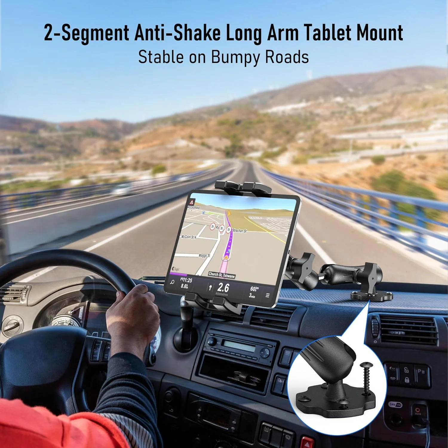 پایه نگهدارنده تبلت آلومینیومی سنگین مناسب داشبورد خودرو، کامیون، میز، دیوار با قابلیت تنظیم 360 درجه و دو بازوی نگهدارنده برای آیپد پرو/ایر/مینی/سامسونگ گلکسی تب 4.7 تا 12.9 اینچ