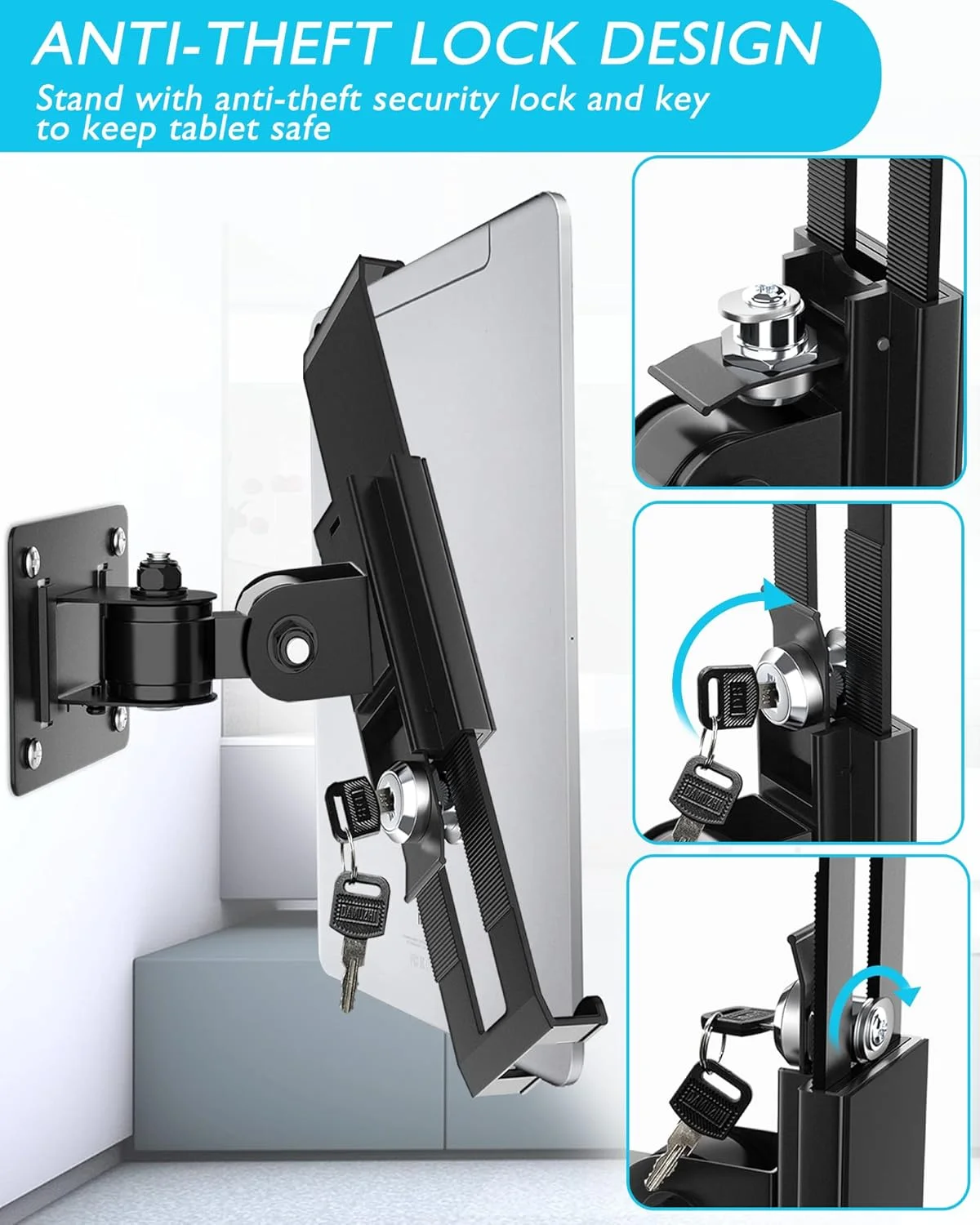 پایه دیواری آیپد، نگهدارنده تبلت ضد سرقت با قفل و کلید، پایه آیپد پرو با چرخش 360 درجه، سازگار با تبلت های 7-11 اینچی (آیپد، گلکسی تب، اسلیت، فایر) - مشکی