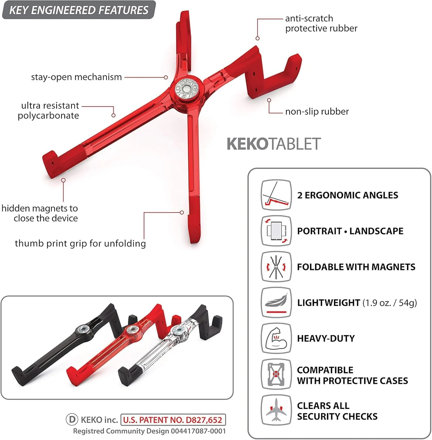 پایه نگهدارنده تبلت جهانی KEKO - سازگار با اپل آیپد، سامسونگ گلکسی، کیندل فایر، کتابخوان های الکترونیکی، تلفن های هوشمند و موارد دیگر - قرمز