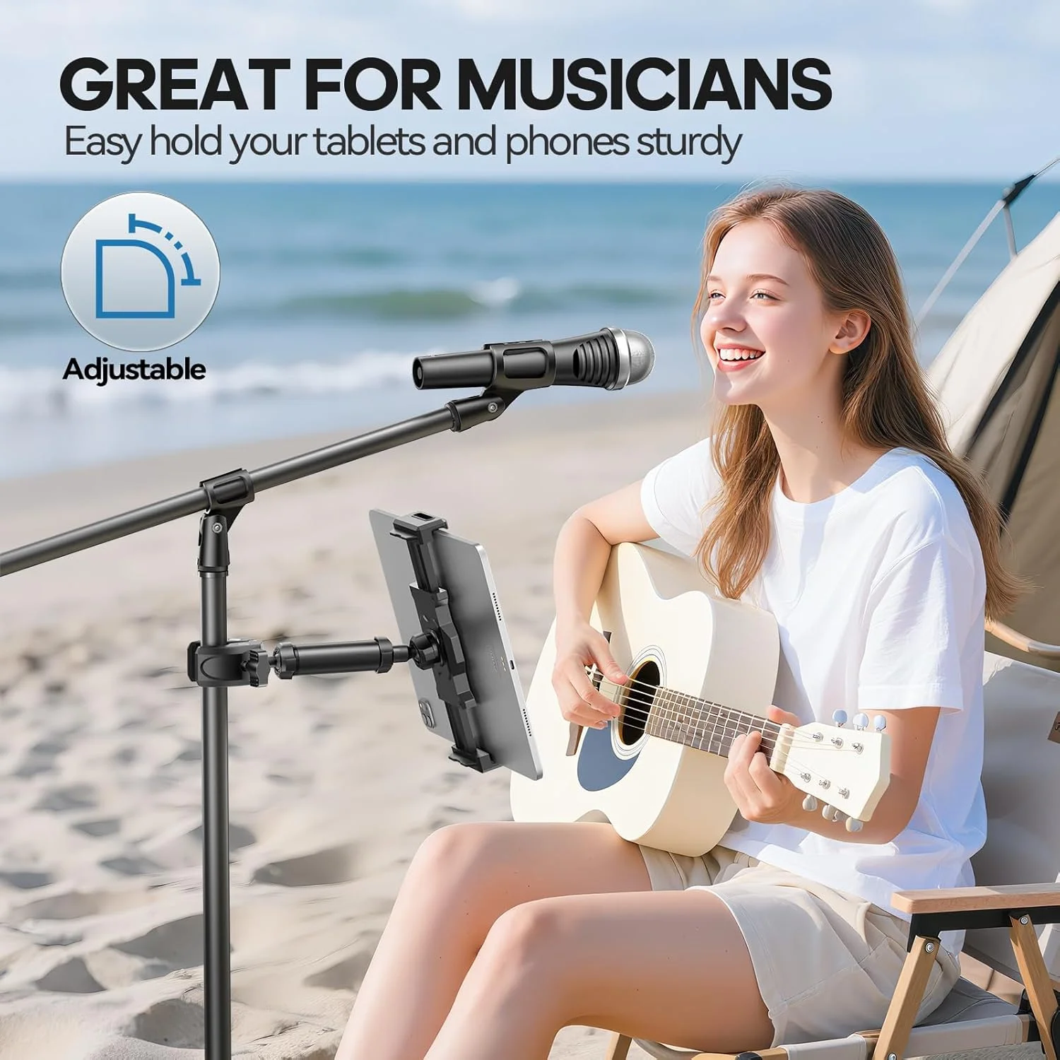 نگهدارنده آیپد KDD برای پایه میکروفون، پایه قابل تنظیم تبلت و تلفن برای پایه میکروفون موسیقی، براکت دسته دوچرخه ورزشی، مناسب برای آیپد پرو 12.9، ایر، مینی، تب های گلکسی، آیفون (4.7-13 اینچ)