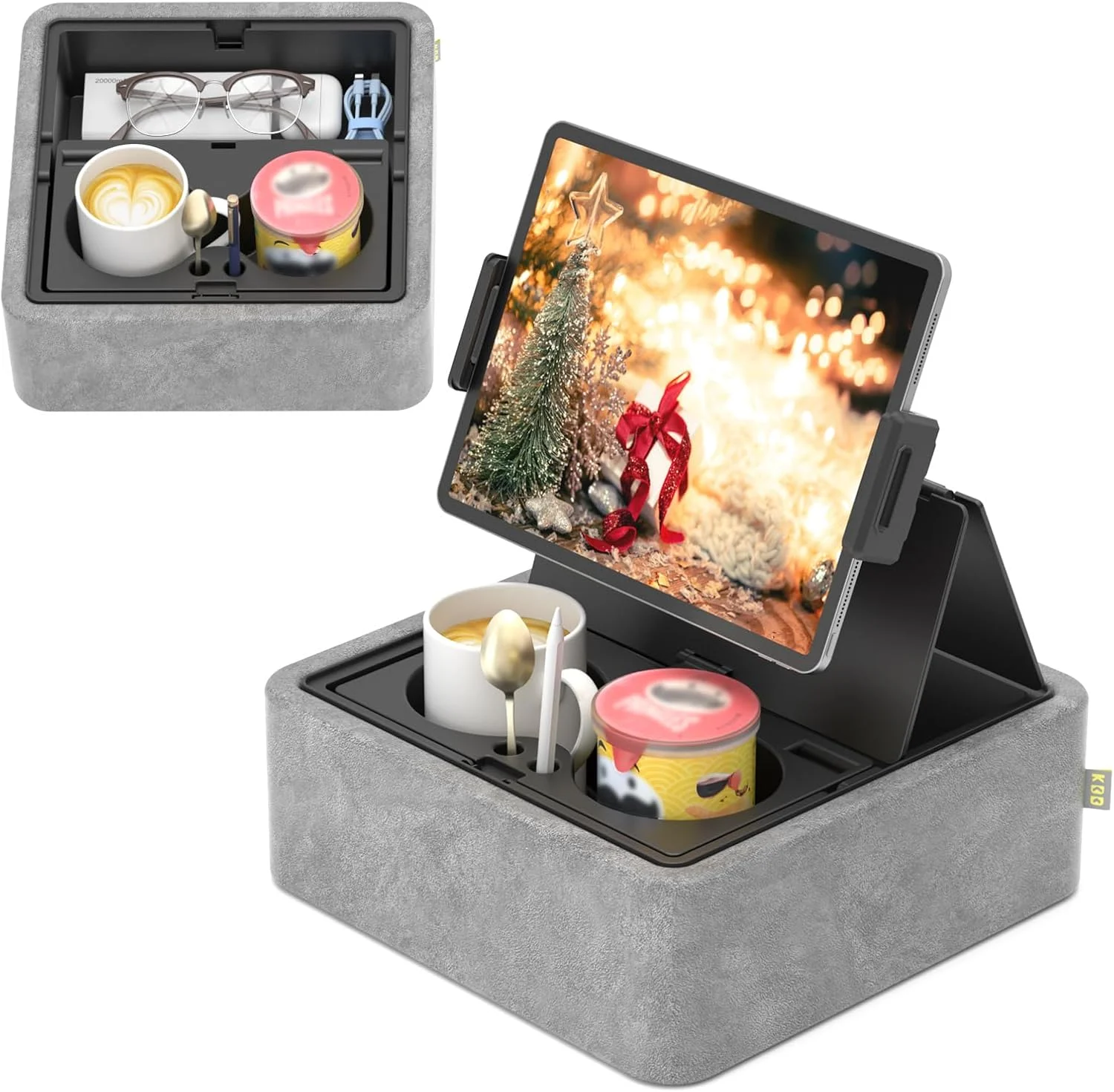 پایه نگهدارنده تبلت KDD، هولدر آیپد قابل تنظیم برای تخت، دامان و میز با دو جای لیوان و سینی ذخیره سازی، گیره چرخان 360 درجه سازگار با آیپد پرو 12.9، ایر، مینی، تلفن و کتابخوان الکترونیکی