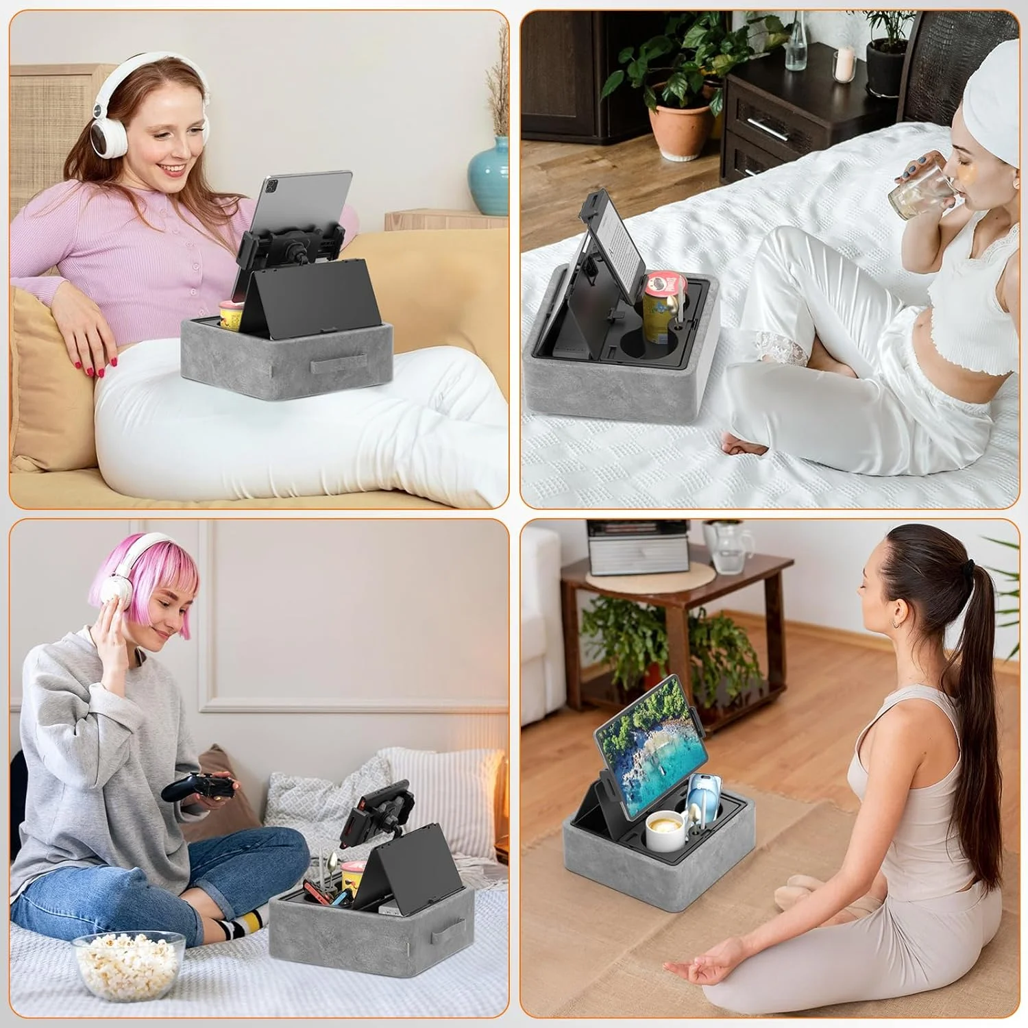 پایه نگهدارنده تبلت KDD، هولدر آیپد قابل تنظیم برای تخت، دامان و میز با دو جای لیوان و سینی ذخیره سازی، گیره چرخان 360 درجه سازگار با آیپد پرو 12.9، ایر، مینی، تلفن و کتابخوان الکترونیکی